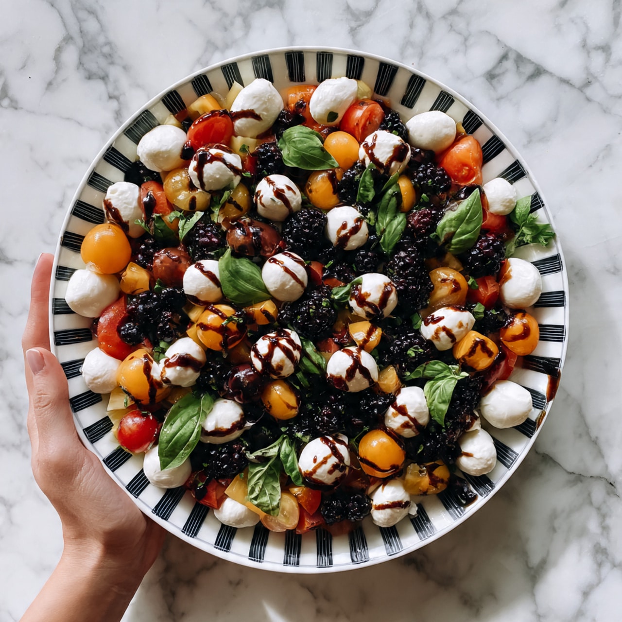 The dish shows a layered salad on a white plate with a black and white checkered pattern. The first layer consists of small white mozzarella balls scattered all over the plate. Mixed among these are bright orange cherry tomatoes and dark blackberries, adding color contrast. There are pieces of yellow and red fruit or veggies, which add a warm tone under the other ingredients. Fresh green basil leaves are spread across the dish, giving more green color and freshness. Finally, a dark balsamic glaze is drizzled over the whole salad creating shiny black streaks. The plate rests on a white marbled surface with a woman’s hand gently holding the edge. photo taken with an iphone --ar 4:5 --v 7