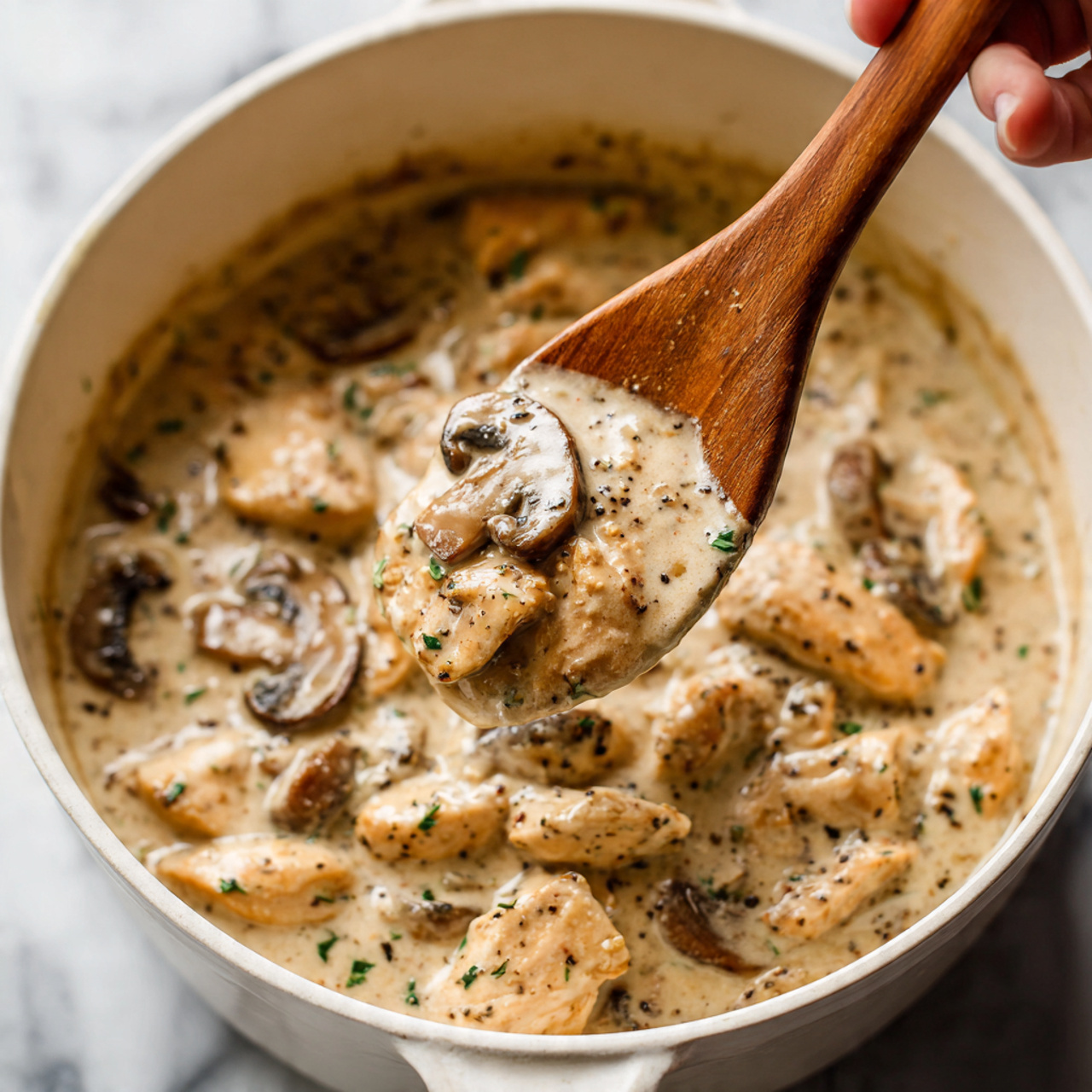 A close-up view of a creamy mushroom dish in a white pot, showing a rich, thick sauce that is light beige in color with visible black pepper specks and small green herbs scattered on top. There are many slices of brown and white mushrooms mixed with chunks of light-colored chicken evenly spread throughout the sauce. A wooden spoon held by a woman's hand is stirring the sauce, lifting a piece of mushroom and chicken from the pot. The texture looks smooth and creamy, with the mushrooms slightly soft but still whole, resting just under the sauce surface. The background shows a white marbled texture. photo taken with an iphone --ar 4:5 --v 7