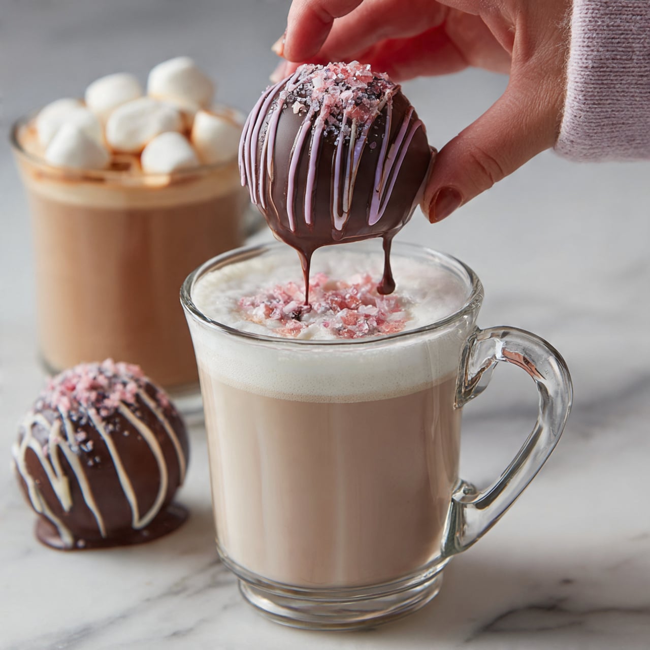 A clear glass mug filled with white milk foam sits on a white marbled surface. A woman's hand holds a round chocolate sphere above the mug, dripping with fine dark chocolate stripes and topped with tiny pink sugar crystals. Behind the mug is a second glass mug filled with a light brown drink topped with small white marshmallows. Another chocolate sphere is slightly blurred in the background. Photo taken with an iphone --ar 4:5 --v 7