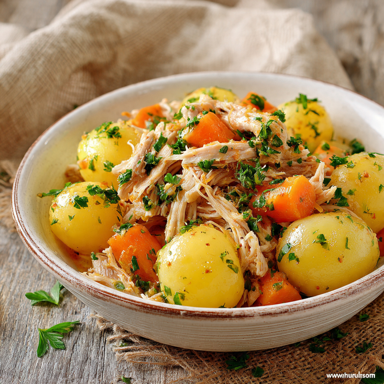 The image shows a white bowl filled with shredded chicken pieces layered on top of boiled baby potatoes and carrot chunks. The chicken is light brown and looks soft, nestled among the round yellow and orange vegetables. The dish is sprinkled with chopped green herbs, adding a fresh touch. The bowl sits on a wooden surface with a blurred beige cloth and green leaves in the background, all set on a white marbled texture. Photo taken with an iphone --ar 4:5 --v 7