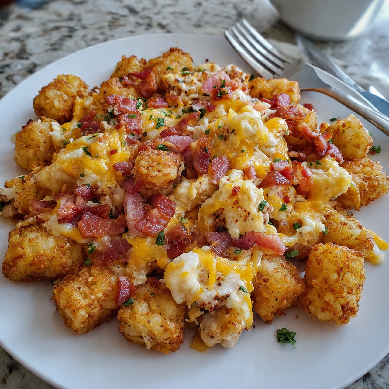A close-up shot of a dish on a white plate filled with multiple layers of golden brown tater tots that look crispy on the outside. Mixed in are small pieces of cooked chicken with a light creamy sauce coating everything. There are bits of melted yellow cheese and small pinkish-red bacon pieces spread throughout the dish. Tiny green herb flakes are sprinkled on top, giving a slight speckled texture. The plate is placed on a white marbled surface, and a fork is visible in the background. photo taken with an iphone --ar 4:5 --v 7