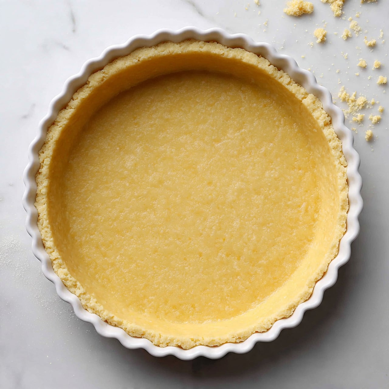 A close-up view of a single light golden pie crust pressed into a white fluted-edge tart pan, ready for filling. The crust has a smooth, even surface with some soft texture marks visible from pressing. The edges of the crust are gently crimped and raised along the pan, showing a slightly thicker layer compared to the base. The pie dish sits on a white marbled surface with small crumbs scattered nearby. photo taken with an iphone --ar 4:5 --v 7
