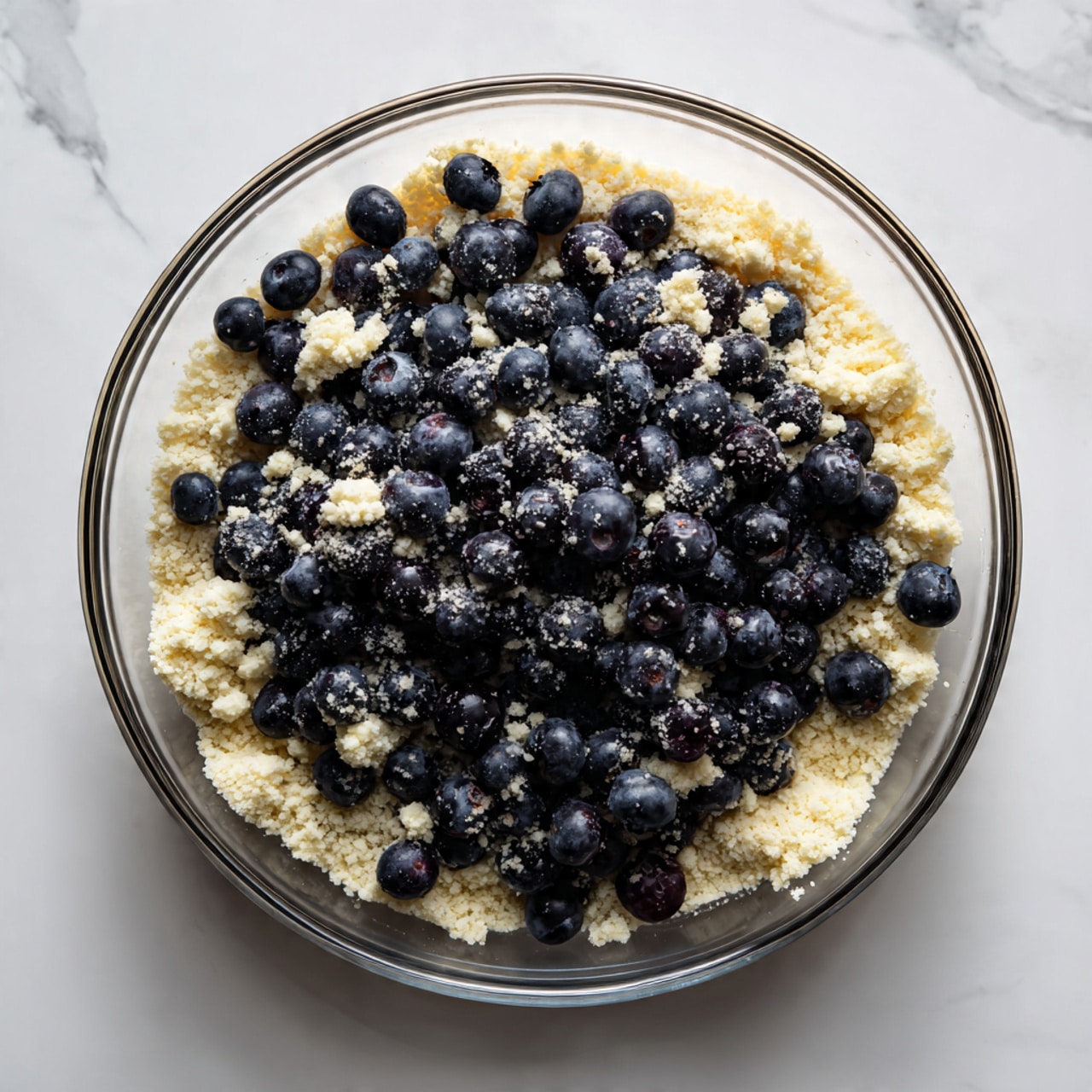 A clear glass bowl is filled with one layer of dark blue blueberries coated unevenly with a light dusting of white powder and small clumps of a pale substance. The bowl sits on a white marbled surface. photo taken with an iphone --ar 4:5 --v 7