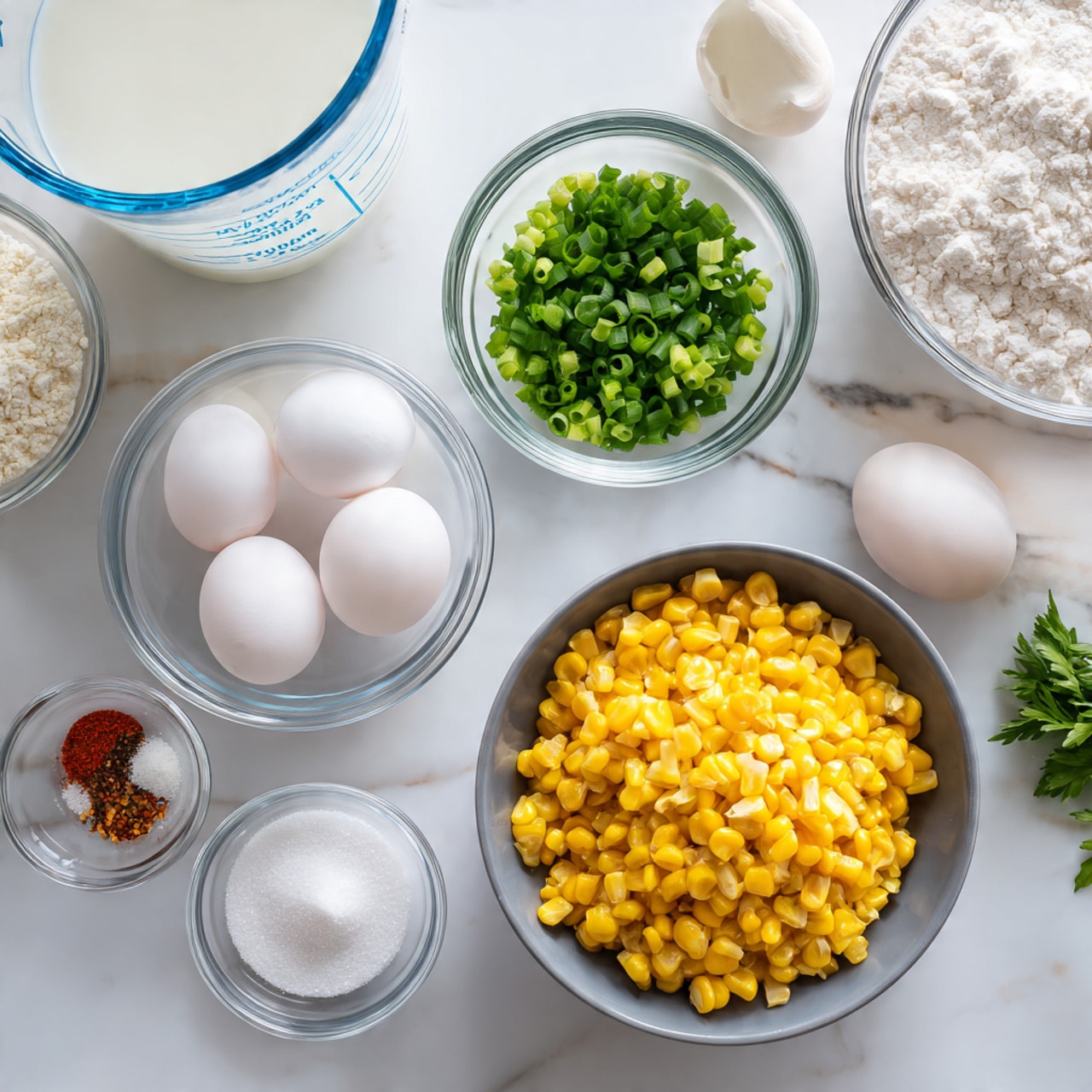 The image shows several clear glass bowls and one gray bowl arranged on a white marbled surface. In the gray bowl at the lower right, there is a large amount of cooked yellow corn kernels. Above it, a clear glass bowl contains chopped green onions and fresh green herbs. To the left of it, a clear glass measuring cup holds white milk with blue measurement marks. Above the milk, a clear bowl has two white eggs. To the left side, there is a clear glass bowl with white flour, and a smaller clear bowl with red and white seasonings. Below them, another small clear bowl contains white granulated sugar. The scene is bright and clean with a simple layout, photo taken with an iphone --ar 4:5 --v 7
