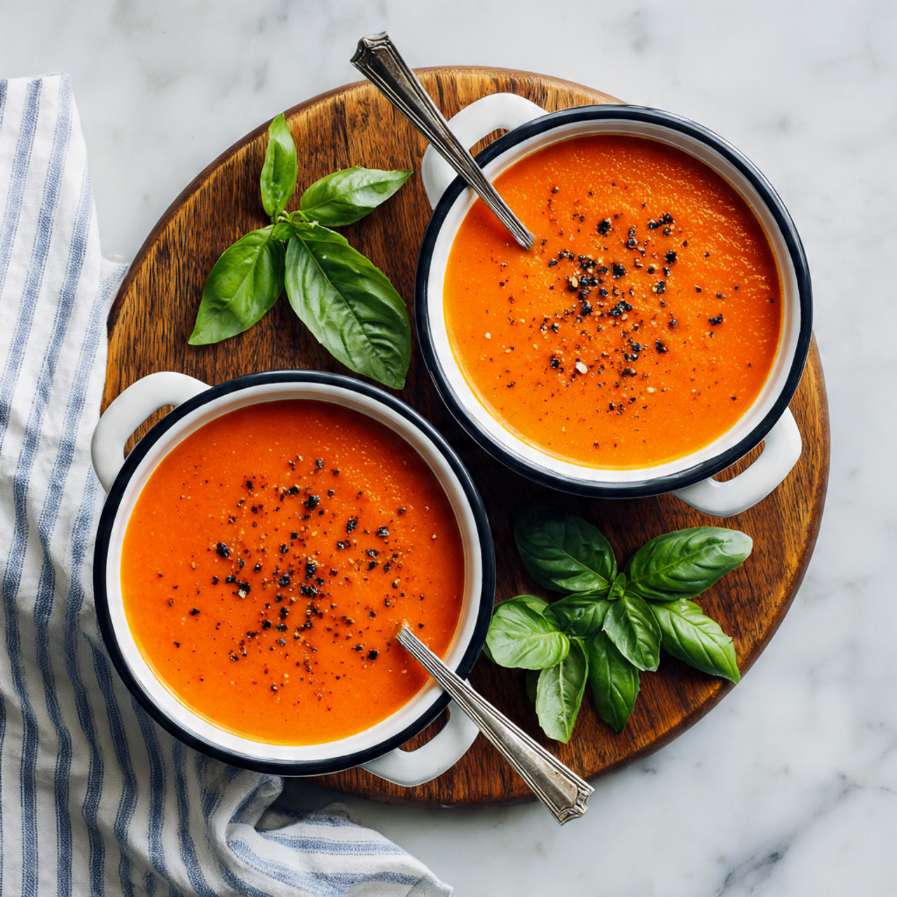 Two white bowls with black rims hold bright orange tomato soup, each topped with small black pepper flakes scattered lightly on the surface. The soup has a smooth, slightly textured look. Each bowl has a silver spoon resting inside. The bowls sit on a round wooden board with fresh green basil leaves placed on the side. A white cloth with blue stripes is draped near the bottom left corner, all set on a white marbled surface. photo taken with an iphone --ar 4:5 --v 7