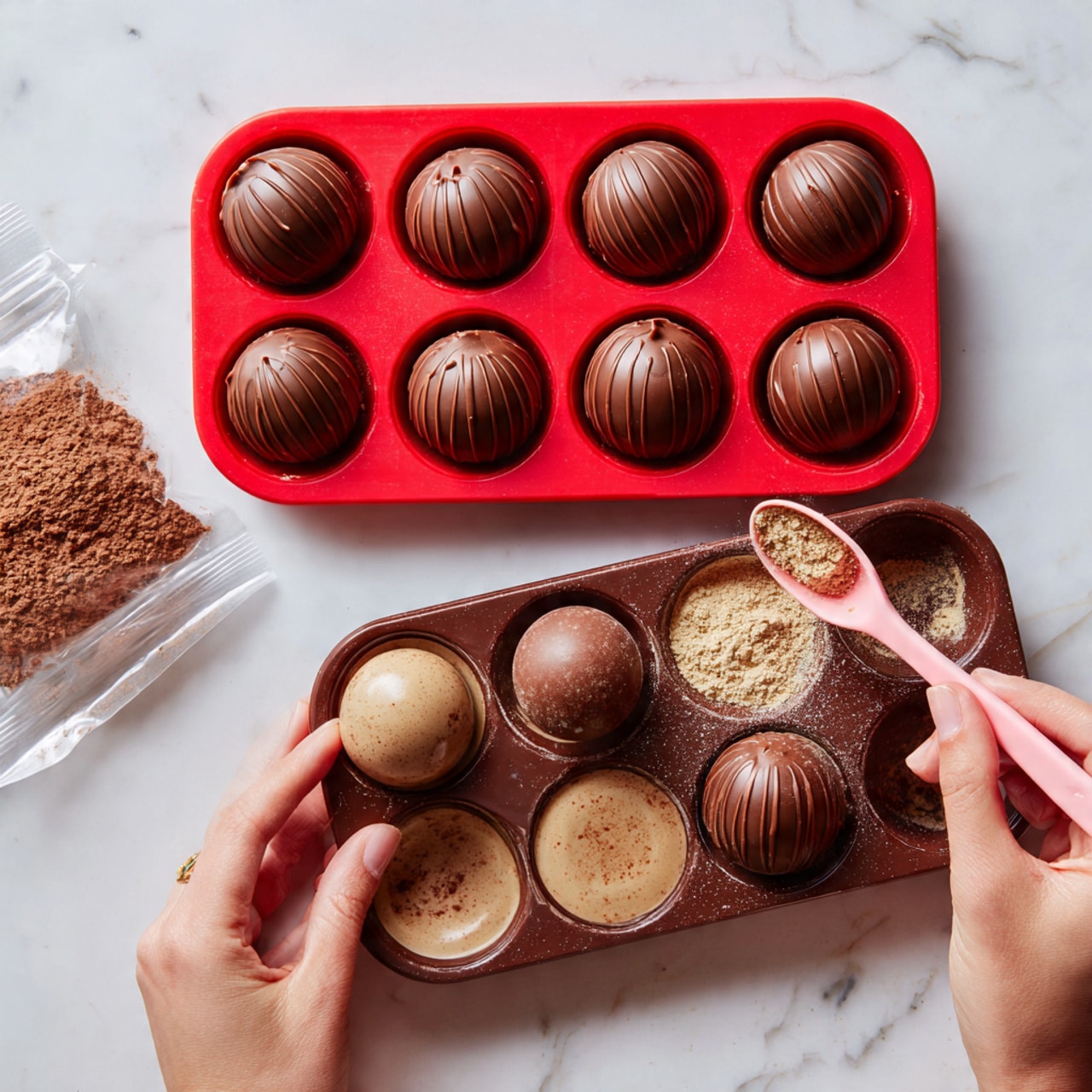 Two red silicone muffin trays filled with six round chocolate cups each sit on a white marbled surface. The top tray contains fully formed chocolate cups with smooth, shiny surfaces showing light swirl patterns. The bottom tray shows five chocolate cups; three are topped with a light brown powder, one has a chocolate top, and one is being sprinkled with the powder using a pink spoon held by a woman's hand on the right. Another woman's hand holds the open package of the light brown powder on the left. photo taken with an iphone --ar 4:5 --v 7