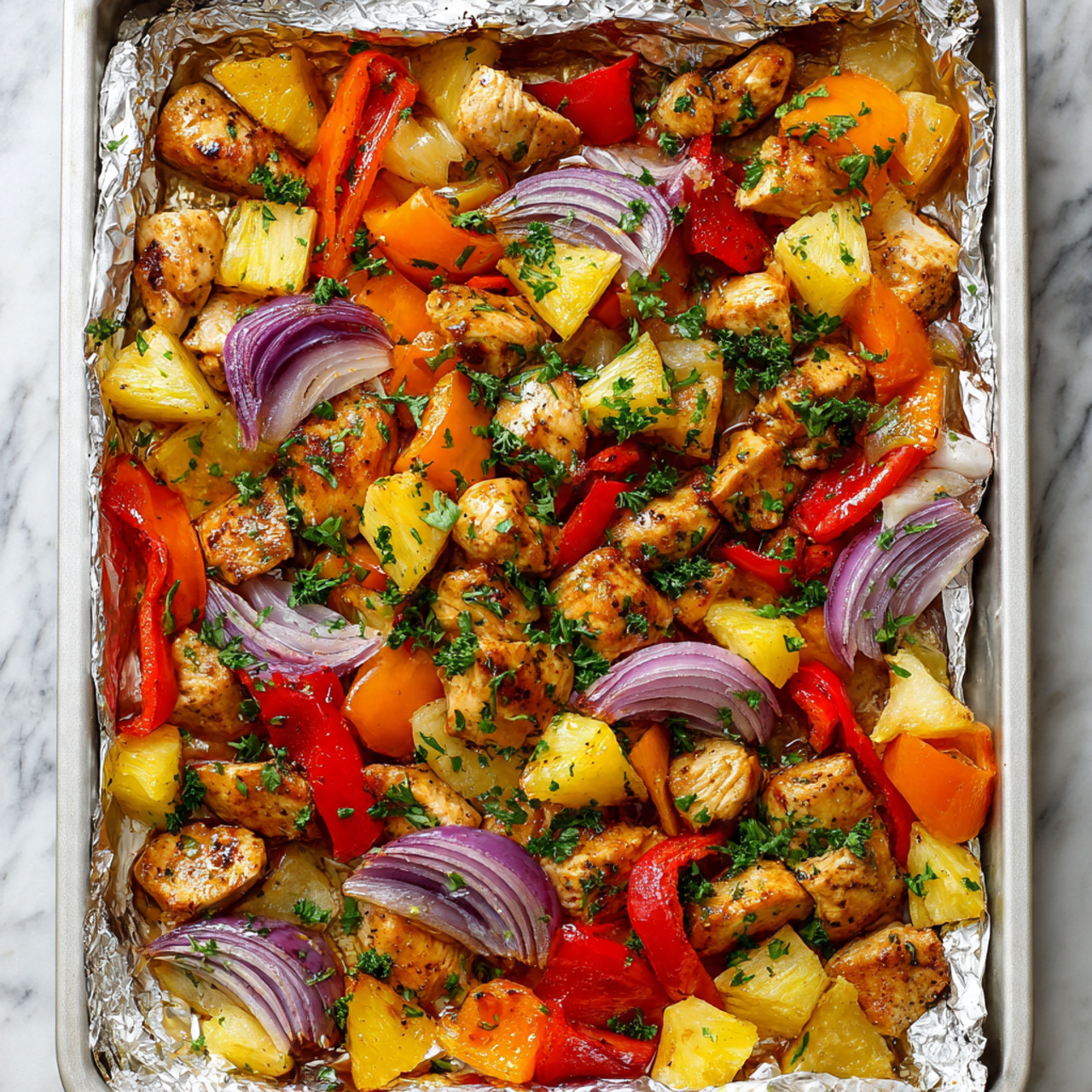 A white rectangular baking tray covered with crinkled aluminum foil holds a colorful mix of roasted food. The dish has three main layers: chunks of golden-brown cooked chicken, bright orange and red bell pepper pieces with slight charring, and thick slices of purple-red onion that are soft and glossy from cooking. Scattered among these are small yellow chunks of pineapple adding a fresh contrast. The entire tray is sprinkled with finely chopped green parsley leaves, adding a fresh green touch across the warm, shiny layers of ingredients. Photo taken with an iphone --ar 4:5 --v 7