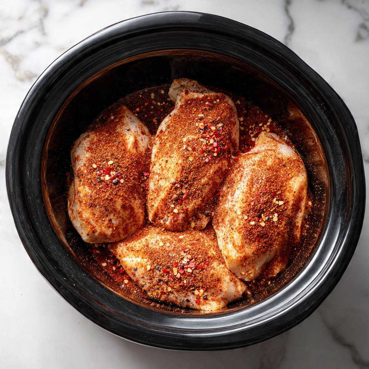 Three raw chicken pieces are stacked inside a black cooking pot, each covered evenly with a layer of reddish-brown spice mix that includes visible red chili flakes and powdered seasoning. The chicken pieces have a smooth texture beneath the spices, and the pot has a glossy black interior. The pot is set on a white marbled surface. photo taken with an iphone --ar 4:5 --v 7