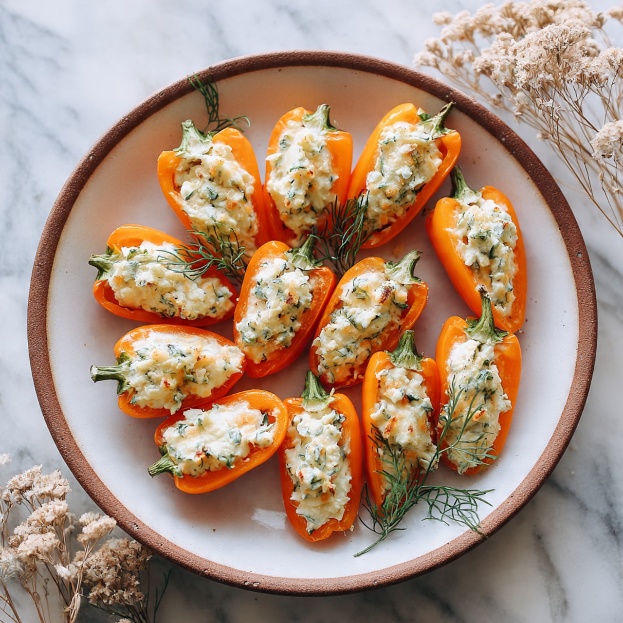 This image shows a white plate with a brown edge filled with mini orange bell pepper halves, each filled with a creamy white cheese mixture with small green herbs inside. Each stuffed pepper is placed on top of a small green dill sprig, which adds a fresh, feathery layer under the cheese. The peppers are arranged neatly, creating a mix of orange, white, and green colors that contrast with the mottled white marbled surface background. There is a soft focus on dried flowers in the corners, adding a delicate touch to the setting. Photo taken with an iphone --ar 4:5 --v 7