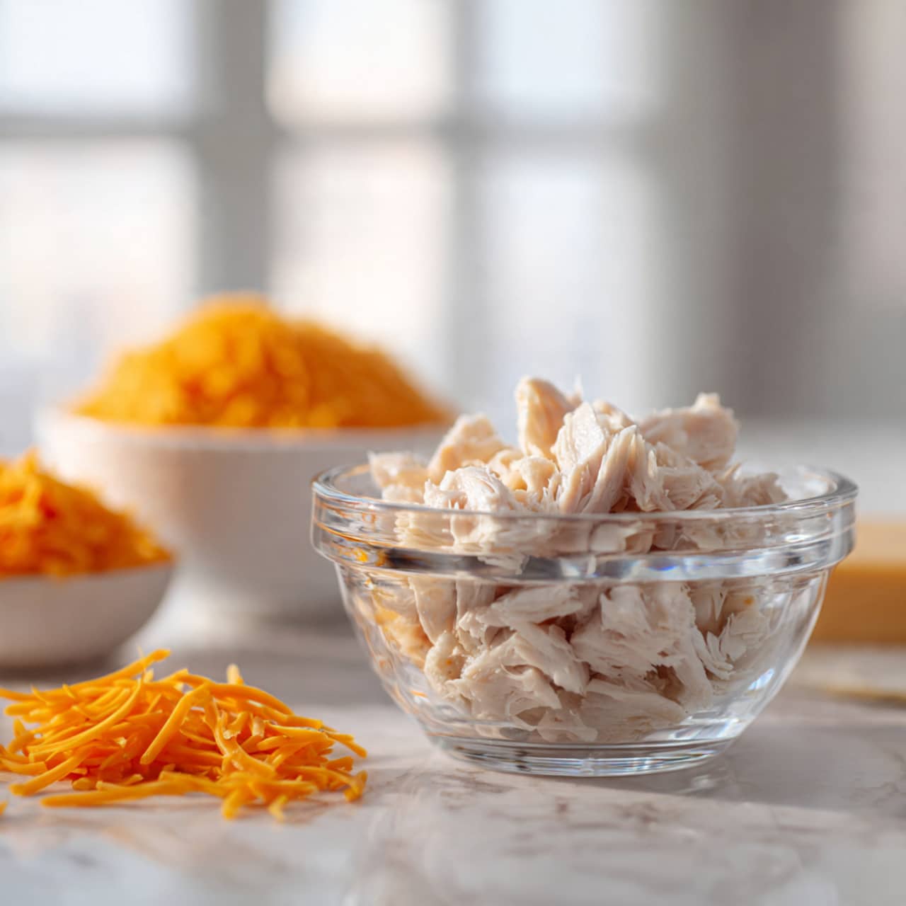 A clear glass bowl is filled with small, white pieces of cooked chicken arranged loosely inside. In the background, slightly out of focus, there is a white bowl filled with bright orange shredded cheese and more shredded cheese scattered near it on a white marbled surface. The scene is bright with soft natural light. photo taken with an iphone --ar 4:5 --v 7