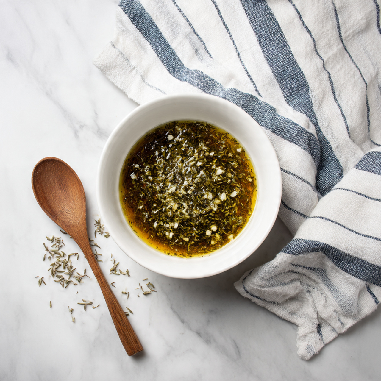 A white bowl placed on a white marbled surface holds a single layer of greenish-brown sauce with small white chunks mixed throughout, and dried herbs sprinkled sparsely on top and around the edges inside the bowl. To the left of the bowl, there is a wooden spoon resting on the marbled surface, and to the right, a cloth with white and blue stripes is partially visible. The photo was taken with an iphone --ar 4:5 --v 7