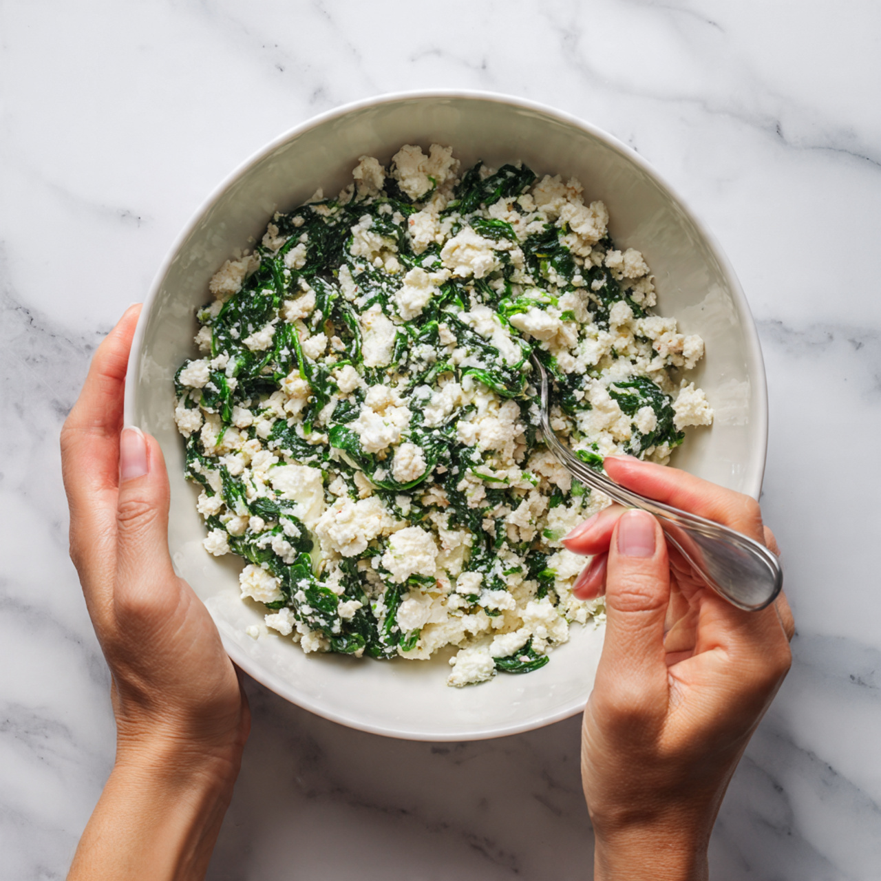 A white bowl fills most of the image, holding a mixture of white crumbly cheese and chopped dark green spinach, unevenly blended together with some larger chunks visible. A woman's hand holds the bowl steady from the left side, while another woman's hand stirs the mix with a silver spoon on the right side. The background and surface beneath the bowl show a smooth white marble texture, creating a clean and simple setting. The scene is lit softly, emphasizing the fresh and natural look of the spinach and cheese blend. photo taken with an iphone --ar 4:5 --v 7