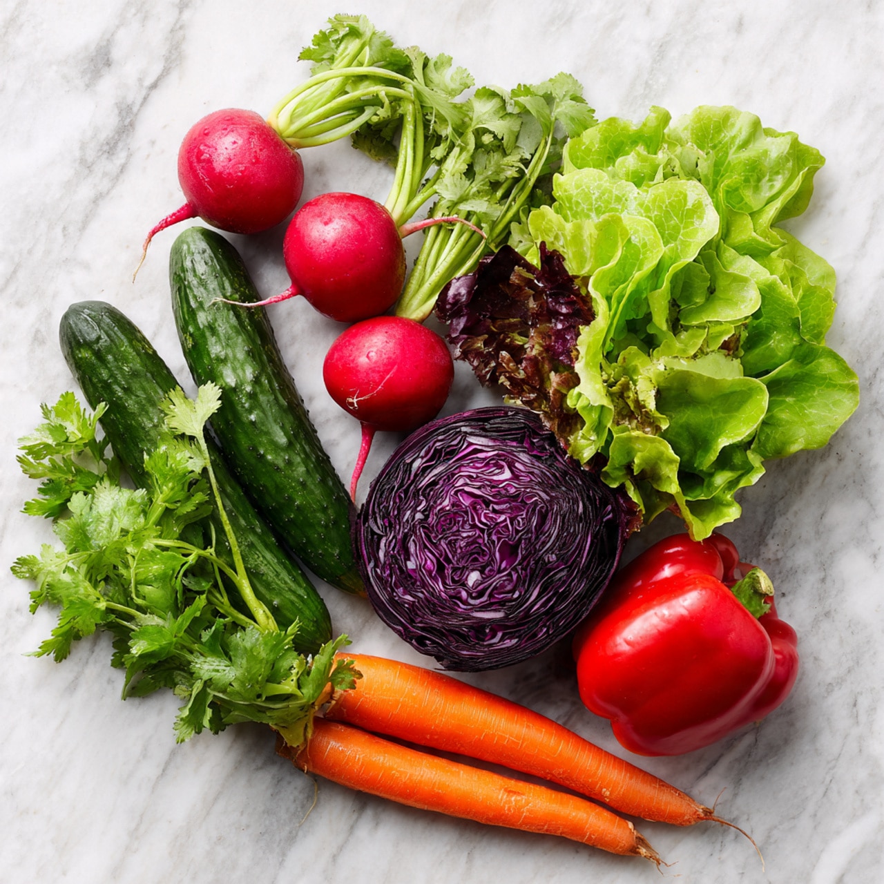 The image shows an arrangement of fresh vegetables on a white marbled surface. There are five bright red radishes with green tops, two small dark green cucumbers, one long orange carrot, a bunch of fresh green cilantro with leafy texture, a small half-head of purple cabbage with white veins, green lettuce leaves with red edges, and one shiny red bell pepper. All vegetables are placed close together, creating a colorful mix of red, green, orange, and purple tones. photo taken with an iphone --ar 4:5 --v 7