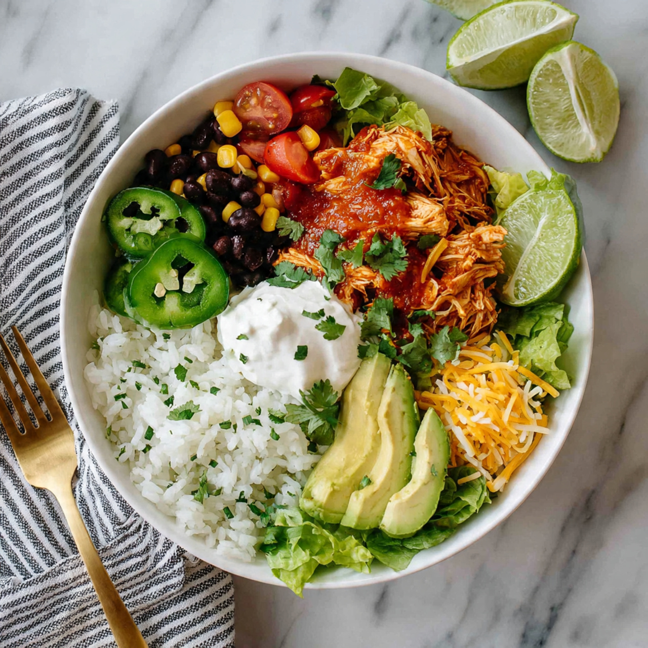 A white bowl sits on a white marbled surface, filled with layers of food. The base layer is white rice with small green herbs sprinkled on top. On one side, there is shredded chicken mixed with corn, black beans, and a red sauce, garnished with chopped green cilantro. Next to the chicken is a dollop of smooth white sour cream. Fresh green lettuce leaves and jalapeño slices with visible seeds sit nearby. There are also chunks of green avocado and diced bright red tomatoes. Shredded orange and white cheese is placed between the lettuce and avocado. A few lime wedges rest on top of the rice. A gold fork lies next to the bowl on the marble surface, and a striped cloth is partially visible. photo taken with an iphone --ar 4:5 --v 7