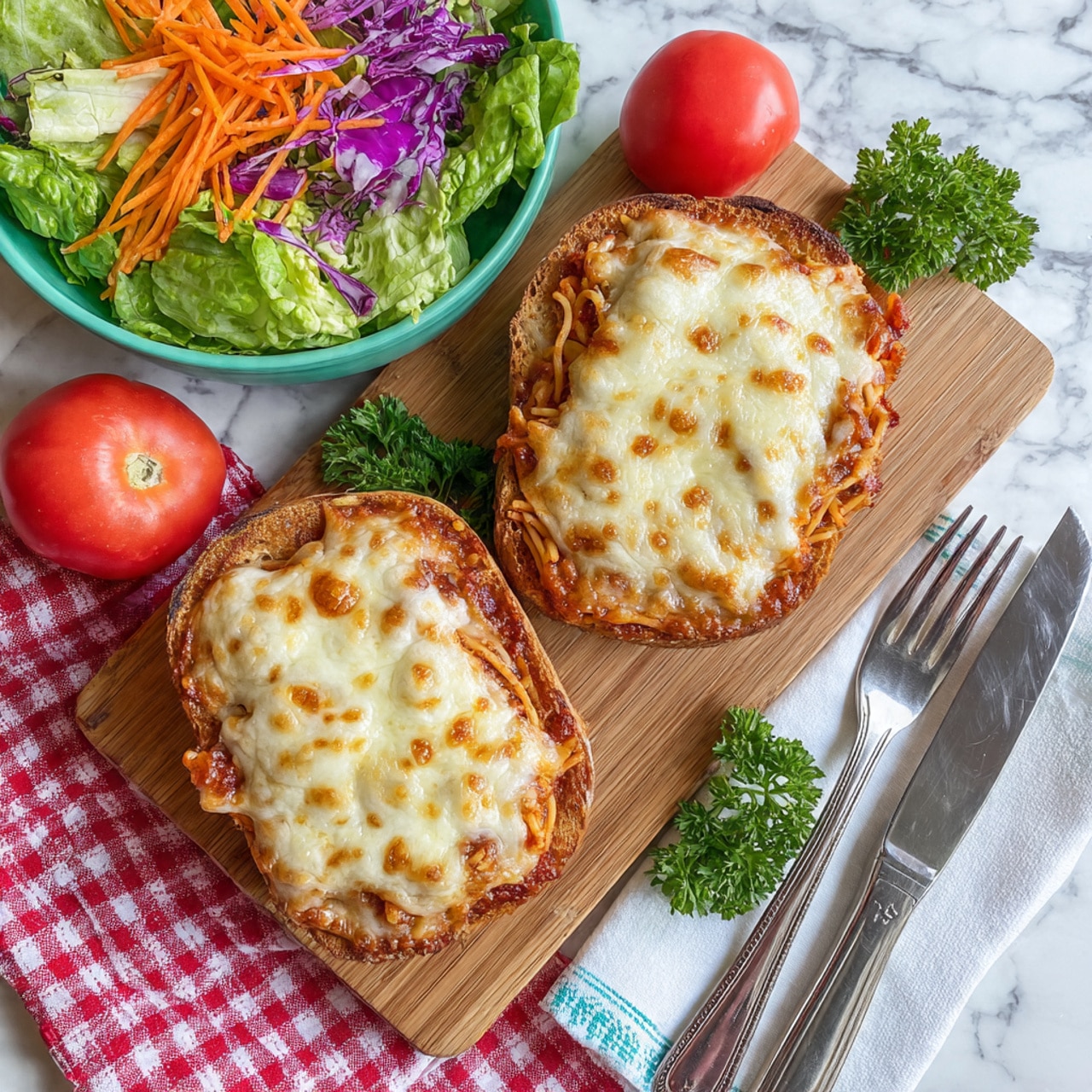 Two toasted bread slices topped with a thick layer of melted cheese that is golden-brown at some spots and creamy white in others, sitting on a wooden cutting board. Under the cheese, you see a layer of spaghetti mixed with a red tomato sauce that peeks out slightly around the edges. The crust of the bread looks crispy and golden. Next to the bread slices, there is a bright red tomato and some green leafy parsley. On the right side, a shiny fork and knife rest on a white napkin with light blue stitching, placed on a white marbled surface. On the left, a green bowl filled with fresh salad including light green lettuce, cherry tomatoes, purple cabbage, and shredded carrots sits on a red and white checkered cloth. photo taken with an iphone --ar 4:5 --v 7