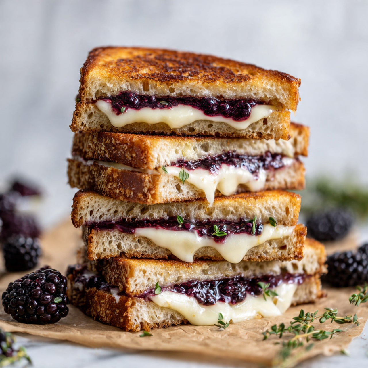A tall stack of four grilled sandwiches is shown, each sandwich made of thick slices of golden-brown toasted bread with a porous texture. Inside each sandwich, there is a layer of dark purple blackberry jam spread evenly, paired with creamy, white melted cheese that oozes slightly from the sides. Some pieces of soft cheese are visible within the layers, adding texture. The sandwiches sit on a brown paper over a white marbled surface, with fresh blackberries and green herbs scattered around. The background is light and blurred to keep focus on the sandwich stack. Photo taken with an iphone --ar 4:5 --v 7