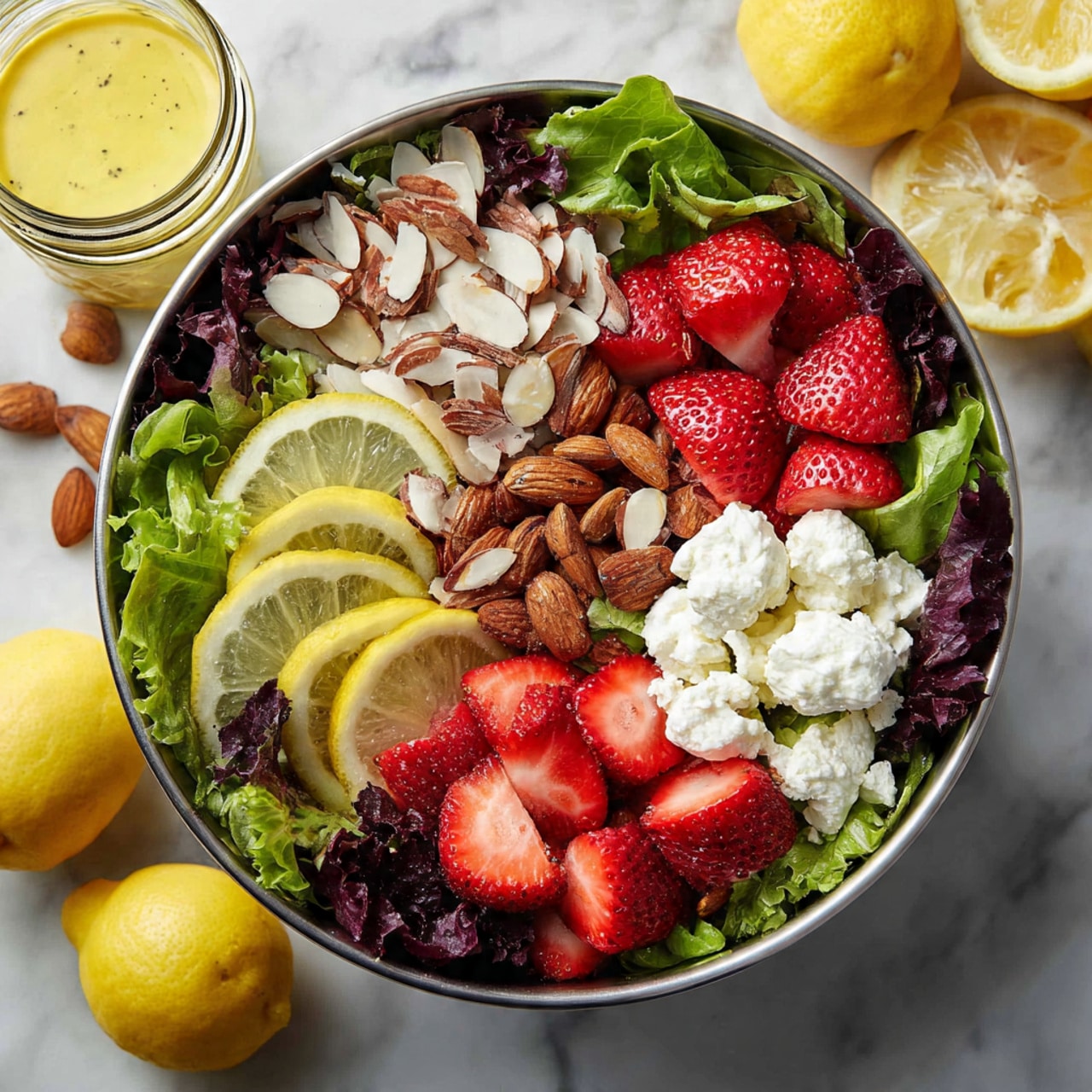 A bowl filled with a fresh salad showing three main layers: the bottom layer is a mix of green and purple leafy lettuce, providing a leafy, textured base; the middle layer consists of whole and halved bright red strawberries scattered evenly, adding vibrant color; the top layer includes white dollops of soft cheese, light brown sliced almonds, whole almonds, and some yellow lemon wedges placed among the layers. The metal bowl is placed on a white marbled surface with a jar of yellow dressing nearby and lemons around it. photo taken with an iphone --ar 4:5 --v 7