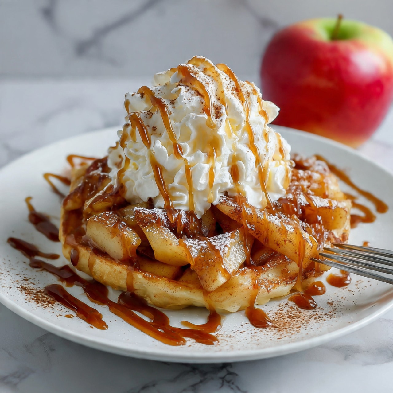 A white plate holds a dessert with three visible layers: the bottom layer is a warm stack of folded golden brown cooked apple slices mixed with a sticky cinnamon sauce that glistens; on top of this is a large scoop of white whipped cream that looks soft and fluffy; the cream is drizzled with light brown caramel sauce in diagonal lines and lightly dusted with brown cinnamon powder. There is a silver fork beside the dessert on the plate, and a red apple with green top is visible in the background on a white marbled surface, photo taken with an iphone --ar 4:5 --v 7