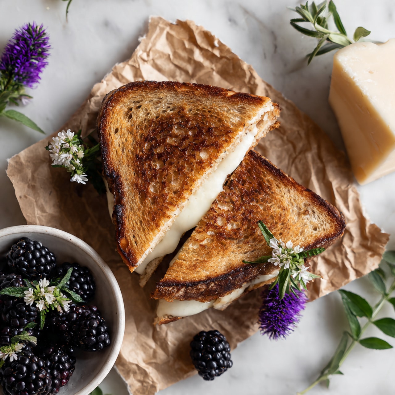 A close-up of a grilled cheese sandwich cut in half, showing two triangular toasted bread slices with a golden-brown crispy texture and some melted white cheese peeking out from inside. The sandwich rests on crumpled brown parchment paper on a white marbled surface. Next to the sandwich is a small white bowl filled with shiny blackberries, some garnished with tiny sprigs of fresh green leaves and small purple flowers. A few loose blackberries are scattered near the bowl. In the background, a piece of soft white cheese sits partially visible. Photo taken with an iphone --ar 4:5 --v 7