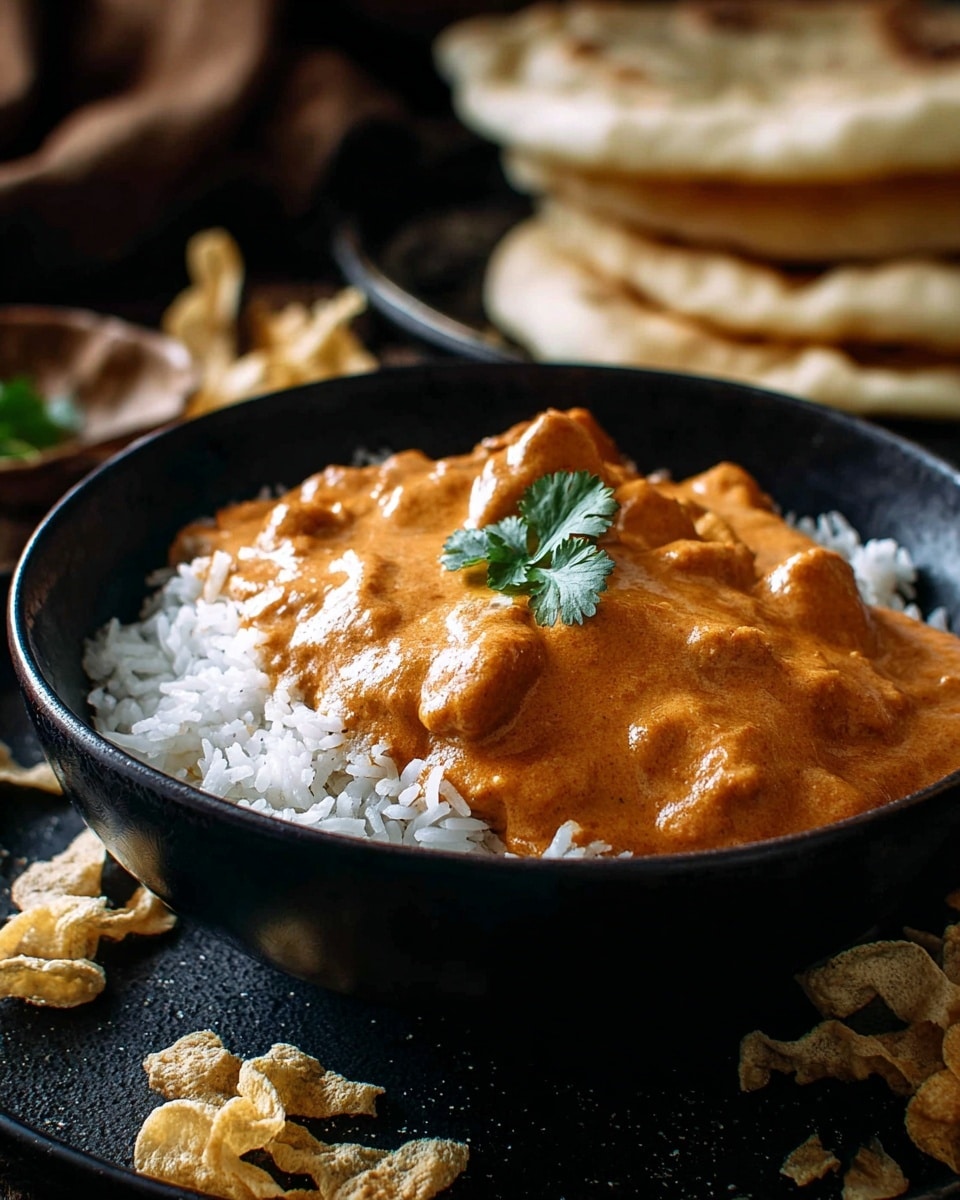 A black bowl with gold pattern holds a thick orange curry with chunks of meat, topped with a few green cilantro leaves, placed in the center on a white marbled surface. To the left, there is a smaller black bowl of white rice topped with curry, partially visible. In front, a white plate has two folded, slightly charred pieces of flatbread. Some light, round papadums and broken pieces are scattered on the surface nearby. Behind the main bowl, an ornate black metal basket holds folded white flatbreads. Next to the basket, a bowl with white rice topped with brown fried onions is partly visible, with a spoon inside. The background shows a blurred warm wooden texture and some tall golden goblets. Photo taken with an iphone --ar 4:5 --v 7