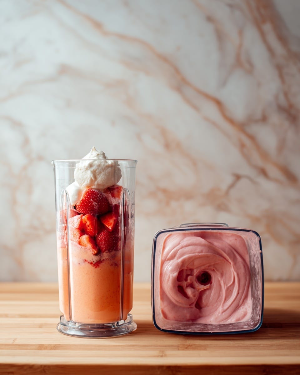 The image shows two views of a smoothie preparation. On the left, there is a clear blender cup filled with layers: at the bottom is a light orange liquid with some small red pieces, above it are whole frozen bright red strawberries, and on top is a dollop of thick white cream. The blender sits on a wooden surface. On the right, there is a top-down view of the blender cup after blending, showing a smooth, thick pink mixture with swirls and a hollow center, with the blender lid lying next to it on the wooden surface. The background behind both images is a white marbled texture. Photo taken with an iphone --ar 4:5 --v 7