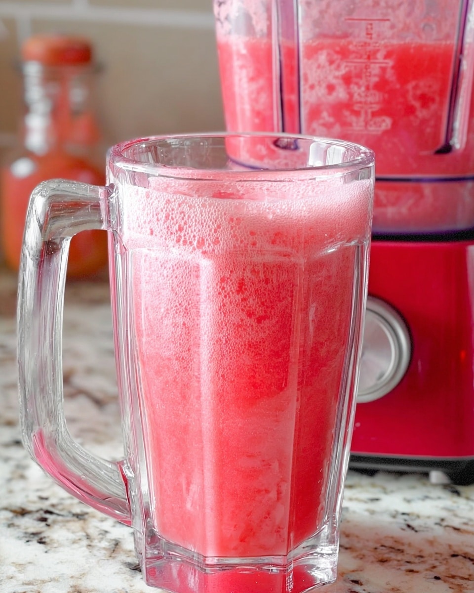 The image shows a tall, clear glass mug filled halfway with bright pink, frothy juice. The juice has a bubbly texture on top, giving it a fresh, lively look. The glass has a wide, sturdy handle that makes it easy to hold. Behind the glass, there is a red blender base with a round silver button and a clear plastic lid that has some pink juice inside. The background is a white marbled texture with a hint of other kitchen items slightly blurred. The photo taken with an iphone --ar 4:5 --v 7