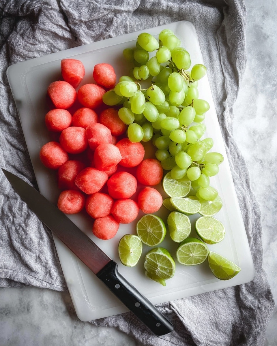 The image shows a white cutting board placed on a crumpled light gray cloth on a white marbled surface. On the cutting board, there is a large knife with a black handle. The board holds three groups of fruit: round red watermelon balls at the bottom left, green grape-like balls at the top right, and several green lime wedges scattered between the two groups. The colors are bright and fresh, with the red, green, and light green tones contrasting well against the white cutting board. The photo is taken from above, showing the textures of the fruits and the shiny blade of the knife. photo taken with an iphone --ar 4:5 --v 7