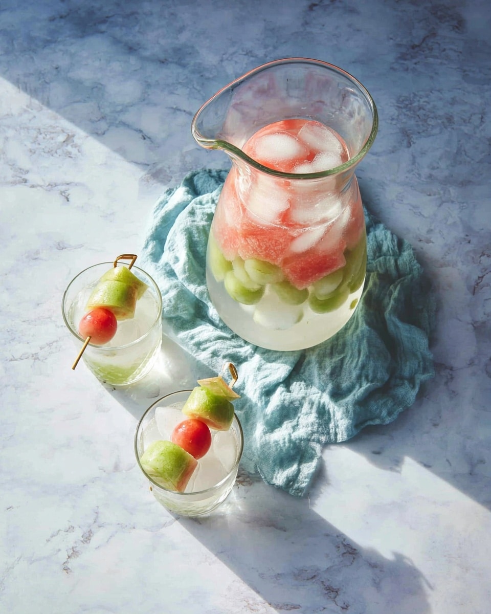 A clear glass pitcher filled with a drink made of ice cubes and round pieces of green and red fruit, placed on a crumpled light blue cloth on a white marbled surface. Next to the pitcher are two small clear glasses filled with the same drink, each glass topped with a skewer holding a green fruit ball, a red fruit ball, and a small green wedge. The scene is softly lit from above, highlighting the colorful fruit and the sparkling ice inside the pitcher and glasses, photo taken with an iphone --ar 4:5 --v 7