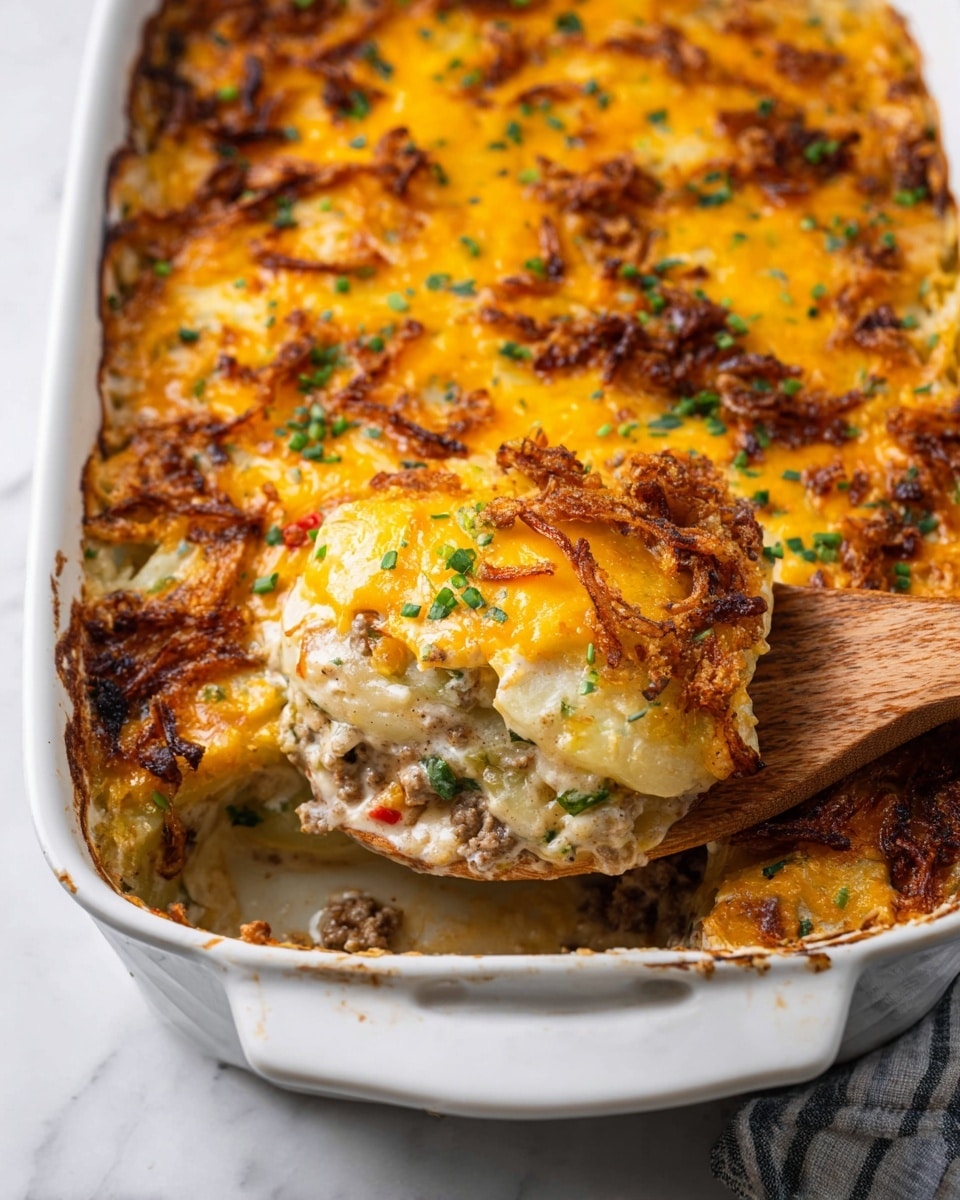 A white baking dish filled with a layered casserole topped with melted golden-yellow cheese and crispy brown fried onions with small green herb pieces scattered on top. Beneath the top layer, visible slices of pale, creamy white potatoes, ground meat mixed with cream-colored sauce and small bits of red and green peppers create a textured, hearty look. A wooden spoon scoops out some of the casserole, showing these layers clearly inside the dish, all set on a white marbled surface. Photo taken with an iphone --ar 4:5 --v 7