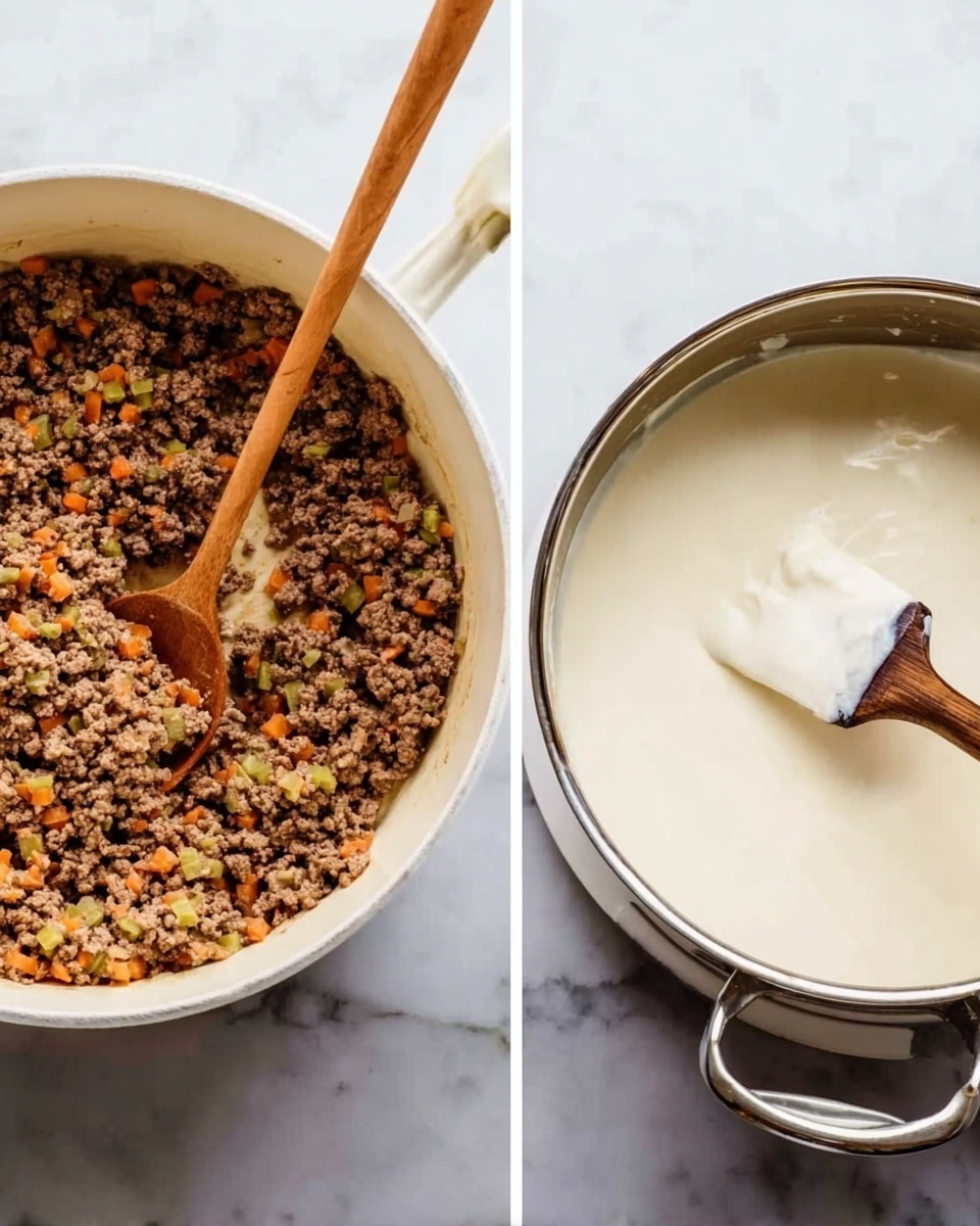 The image shows two cooking pans on a white marbled surface. The first pan is a white pot filled with cooked ground meat mixed with small pieces of vegetables like carrots and celery, giving it a mix of brown, orange, and green colors with a soft texture. A wooden spoon is inside the pot, resting at the side. The second pan is a silver pot filled with a smooth, creamy white sauce. A wooden spatula with a white silicone head is dipped into the sauce, with a dark stripe visible on the spatula's edge. Both pots are on stovetops, and the bright natural light highlights the textures and colors. Photo taken with an iphone --ar 4:5 --v 7