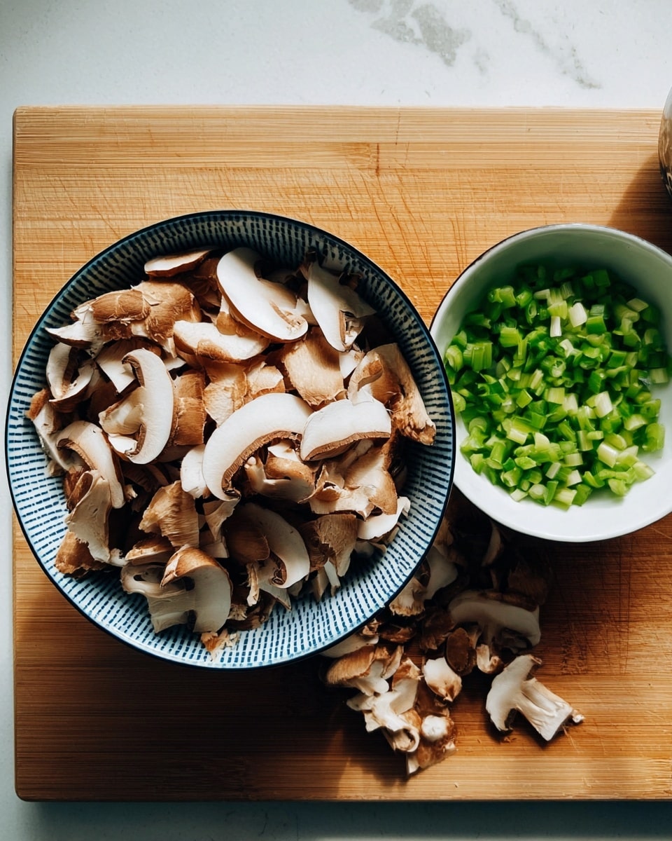 A blue patterned white bowl filled with many slices of brown and white mushrooms sits on a light wooden board with small mushroom pieces scattered around. Next to it is a white bowl holding small, chopped bright green pieces of scallions. The scene is set on a white marbled surface. photo taken with an iphone --ar 4:5 --v 7