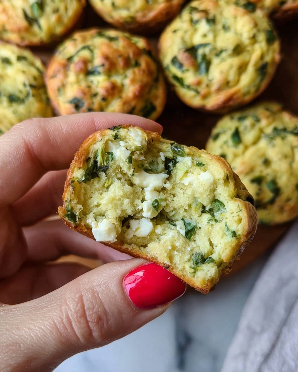 A close-up of small round savory muffins on a white marbled surface, with one muffin held by a woman's hand showing its inside. The muffins have a pale yellow color with green herb pieces and white cheese bits visible on the surface and inside. The muffins are slightly browned on top with a rough, textured crust and moist, crumbly interior filled with chopped green leaves and small white chunks. The woman's nails are painted bright red. Photo taken with an iphone --ar 4:5 --v 7