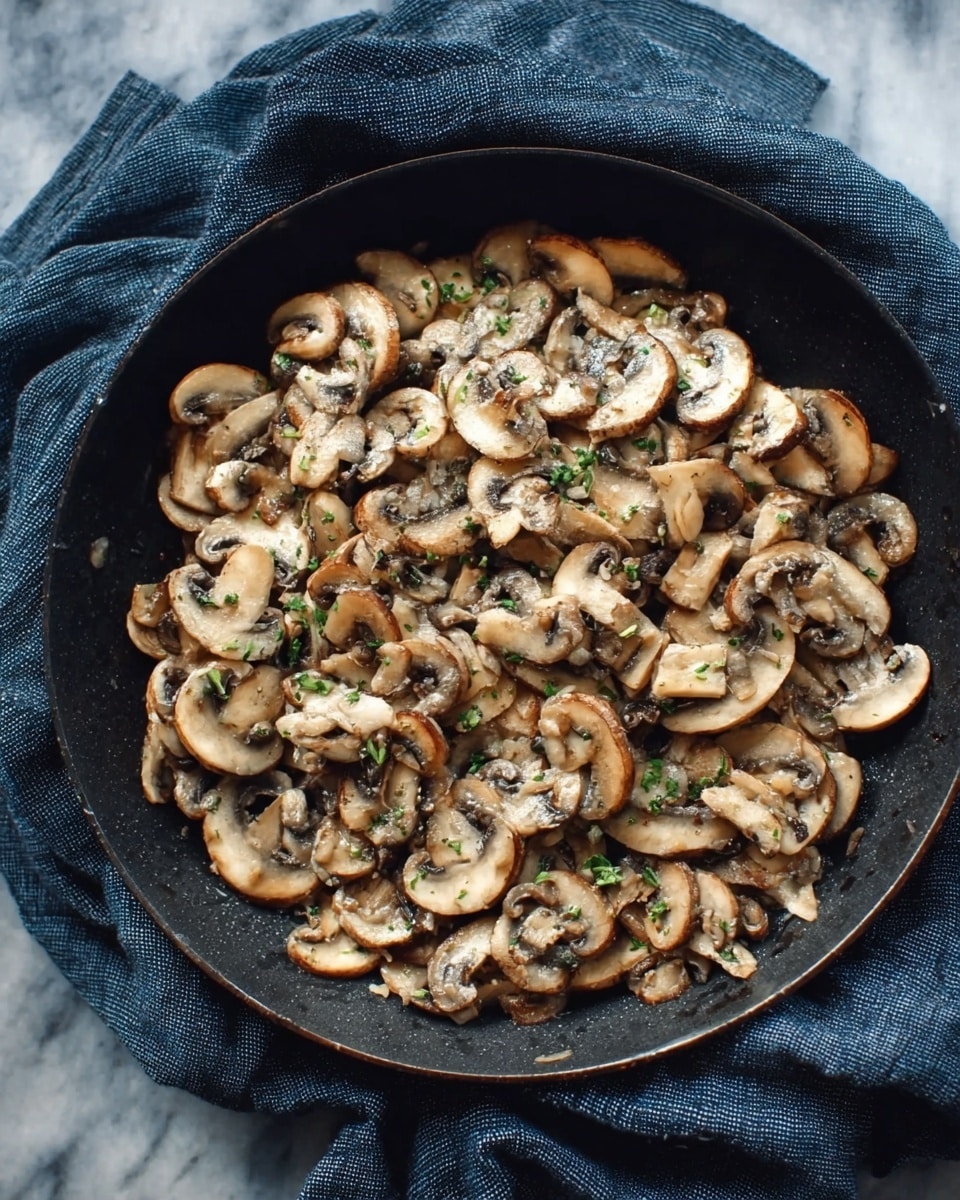 A black pan filled with many sliced cooked mushrooms, showing a mix of light brown and creamy white colors with some green herbs sprinkled on top. The pan is placed on a white marbled surface and covered by a dark blue cloth with soft wrinkles. The mushrooms appear soft and slightly shiny, with layers of thin slices overlapping each other across the pan. Photo taken with an iphone --ar 4:5 --v 7