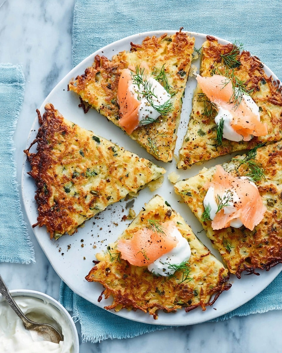 The image shows a white plate with five thick, triangular pieces of crispy potato pancakes, browned and textured with visible bits of herbs and potato. Two of the pieces are topped with light pink smoked salmon, a dollop of white cream, and green dill sprinkled on top, with black pepper for garnish. The plate rests on a pale blue cloth and a white marbled surface can be seen underneath. A spoon in a small white bowl is visible at the bottom left of the image. photo taken with an iphone --ar 4:5 --v 7