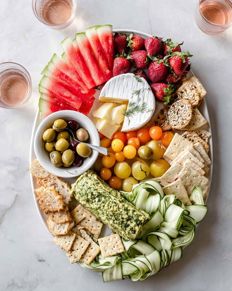 A large white plate is arranged with many colorful foods in layers. Starting from the top left, there are bright red watermelon slices with green rinds, next to a pile of fresh red strawberries. Moving right, a white cheese wheel is partly sliced into wedges beside a small white bowl of honey with a small spoon resting on its edge. Below the cheese and honey, there are slices of light brown bread pieces. On the bottom right corner, small square cream crackers are layered neatly, and beside those, beige crackers with seeds are stacked. Moving left, a round bowl filled with green hummus garnished with herbs sits next to slices of fresh cucumber arranged in a curved stack. Below the cucumbers, thin pale zucchini ribbons are curled in waves. To the left of those ribbons sits a cheese log coated in green herbs. Above the cheese log are yellow and orange small cherry tomatoes, and some yellow-red cherries with stems. At the bottom left, a small bowl with large green olives is set over the crackers. The whole plate sits on a white marbled surface with two small glasses of light pink liquid near the top left side. Photo taken with an iphone --ar 4:5 --v 7