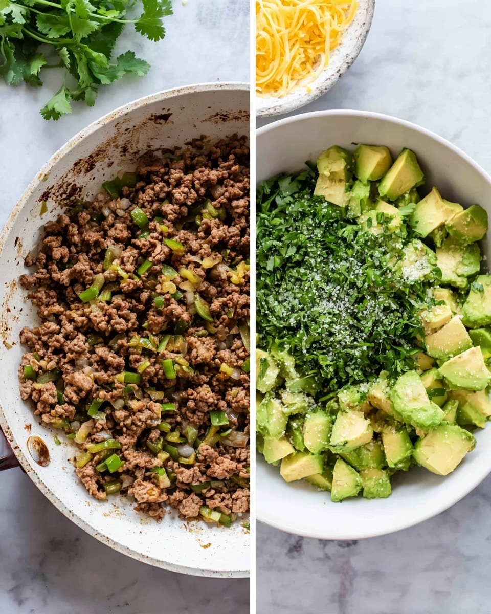 The image is split into two parts: on the left is a white frying pan filled with cooked ground meat with browned texture, mixed with small pieces of diced green peppers and onions, placed on a white marbled surface, with a bunch of cilantro and a white plate with shredded yellow cheese visible above the pan; on the right is a white bowl containing chunks of avocado layered with finely chopped green herbs and sprinkled with coarse salt, placed on the same white marbled surface. photo taken with an iphone --ar 4:5 --v 7