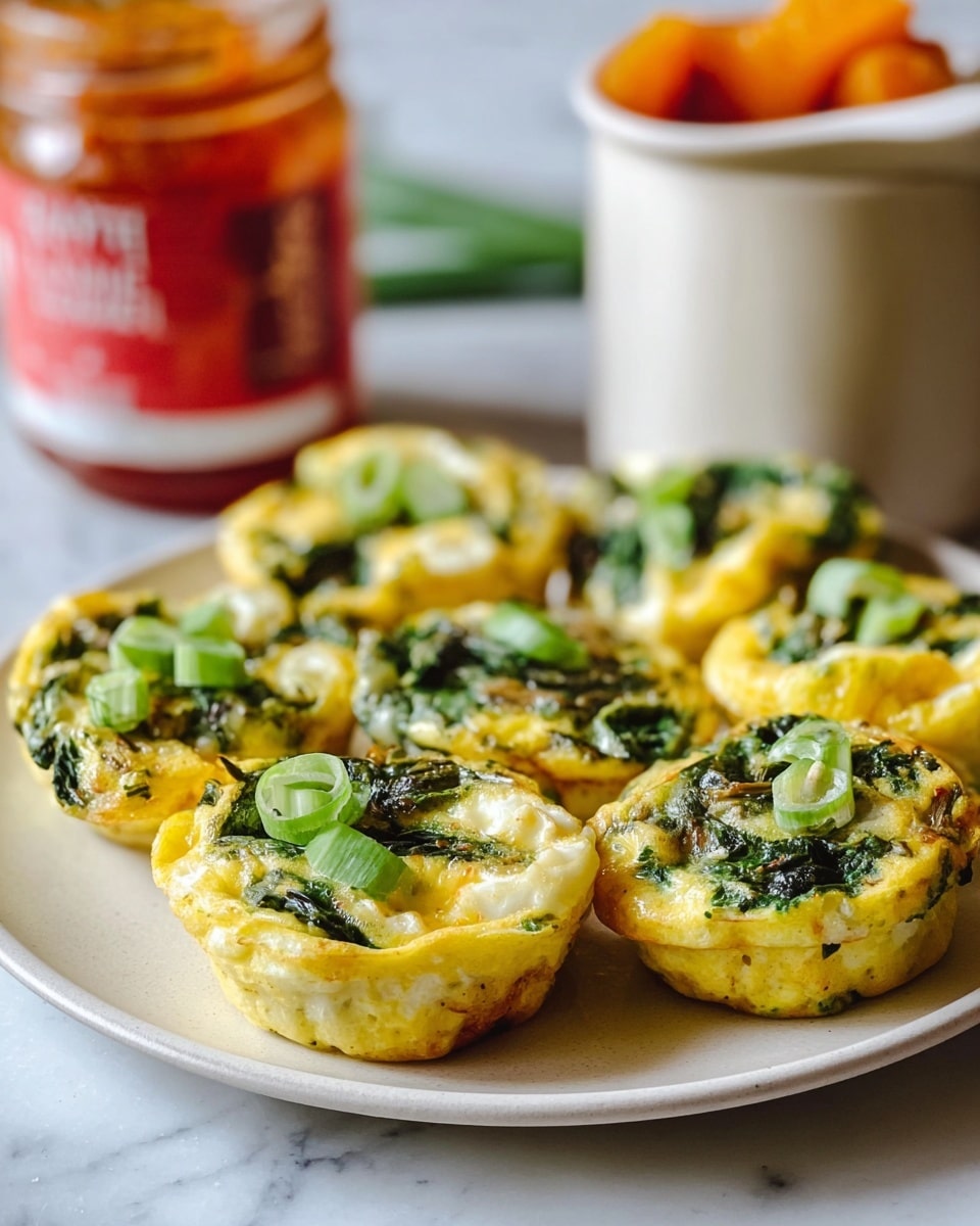 A white plate holds about eight small, round egg muffins arranged close together. Each muffin has a yellow fluffy egg base layered with green spinach or kale pieces and thinly sliced green onions scattered on top. The muffins have a slightly browned edge, and their texture looks soft and light. In the background, there is a blurred jar with a red label and a white cup holding orange pieces, all set on a white marbled surface. Photo taken with an iphone --ar 4:5 --v 7