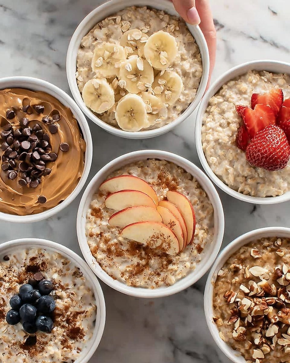 The image shows five white bowls arranged on a white marbled surface, each filled with oatmeal topped with different ingredients. The bottom left bowl contains oatmeal with smooth peanut butter and small chocolate chips spread on top. The top left bowl has oatmeal with banana slices and oats sprinkled over it. The top right bowl features oatmeal topped with two sliced strawberries and almond slivers scattered around. The bottom right bowl holds oatmeal with thinly sliced apple pieces arranged in a fan shape, sprinkled with chopped nuts and a dash of cinnamon or spice. The bottom center bowl is oatmeal topped with a few whole blueberries. A woman’s hand is partially visible holding one bowl. The overall look is warm, inviting, and nutritious. photo taken with an iphone --ar 4:5 --v 7