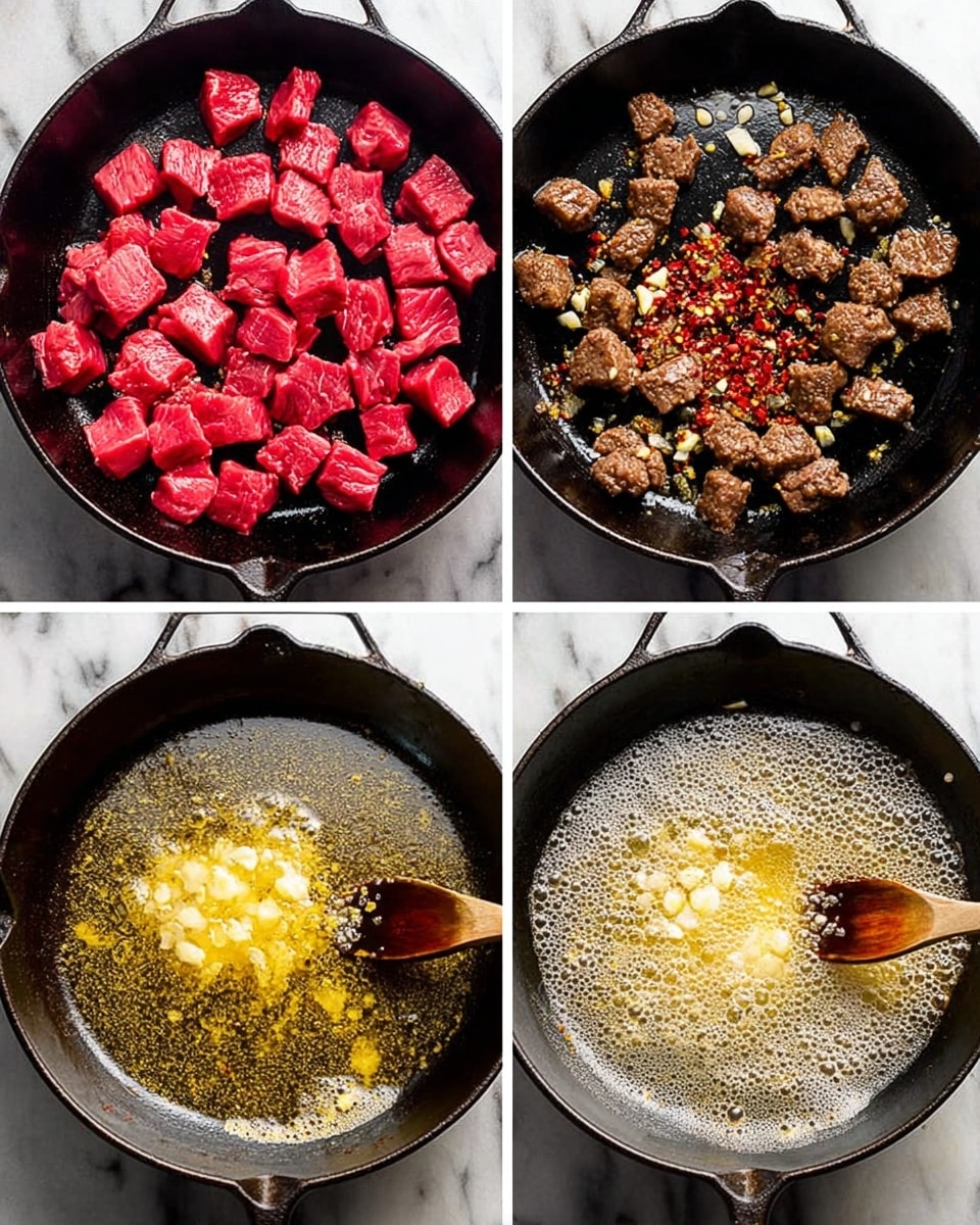 A set of four images showing cooking steps in a black cast iron pan. The first image shows many small raw meat cubes, bright red and spread out evenly in the pan. The second image shows the same cubes now browned and cooked, all with a crispy brown color and lightly spaced. The third image shows melted butter with small yellow garlic pieces and red pepper flakes sitting in the middle of the pan, the butter bubbling lightly. The fourth image shows the butter and garlic mixture stirred in the pan with a wooden spoon, bubbles covering the bottom in a foamy texture, with some browned bits from the cooked meat. The background surface is white marbled texture. photo taken with an iphone --ar 4:5 --v 7