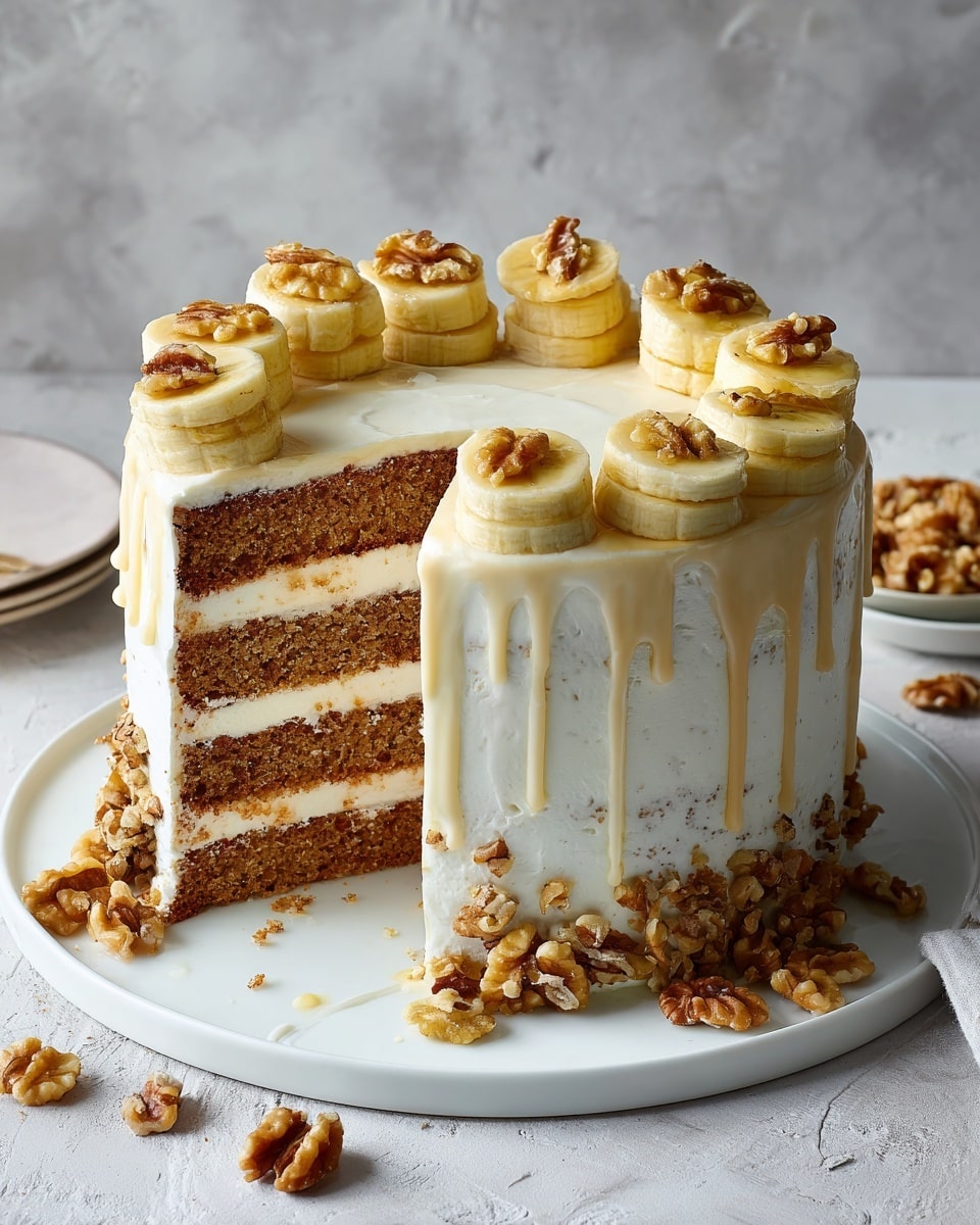 The image shows a tall, layered cake with five visible layers of light brown cake separated by creamy white frosting. The whole cake is coated in smooth white frosting that drips slightly down the sides. On top of the cake, there are small round slices of banana arranged in a circle around the edge, with clusters of chopped walnuts spread evenly among the bananas and some more walnuts scattered at the base of the cake. A sticky, glossy, light golden syrup is poured over the top and drips down the sides, pooling on the white plate. The cake sits on a white plate on a white marbled surface. photo taken with an iphone --ar 4:5 --v 7
