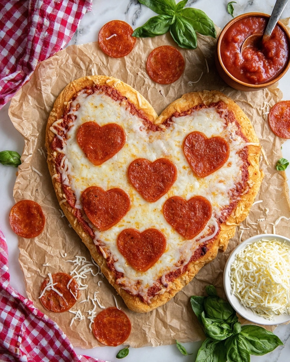 A cooked heart-shaped pizza lays on crumpled brown paper over a white marbled surface, featuring a golden brown crust and a layer of red tomato sauce topped with melted white cheese. On top of the cheese, there are several heart-shaped pepperoni slices evenly spread out. Around the pizza, more heart-shaped pepperoni slices are scattered. To the upper right, a small brown bowl holds red pizza sauce with a spoon inside. At the bottom right, a white bowl contains shredded white cheese. Fresh green basil leaves are placed at the bottom left and right sides, and part of a red and white checkered cloth is visible on the left edge. Photo taken with an iphone --ar 4:5 --v 7