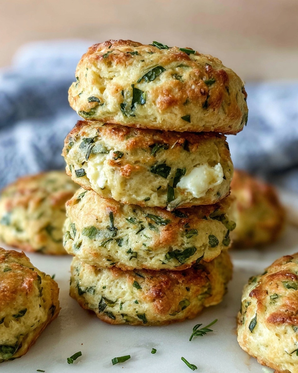 A stack of four thick, round savory scones is shown, with a golden-brown crust mixed with green leafy herbs and white cheese bits throughout each scone. The scones have a soft, slightly rough texture with fresh herb pieces visible on top and scattered around. They are placed on a simple white marbled surface with a blurred blue and white cloth in the background. More scones are scattered around the main stack. Photo taken with an iphone --ar 4:5 --v 7