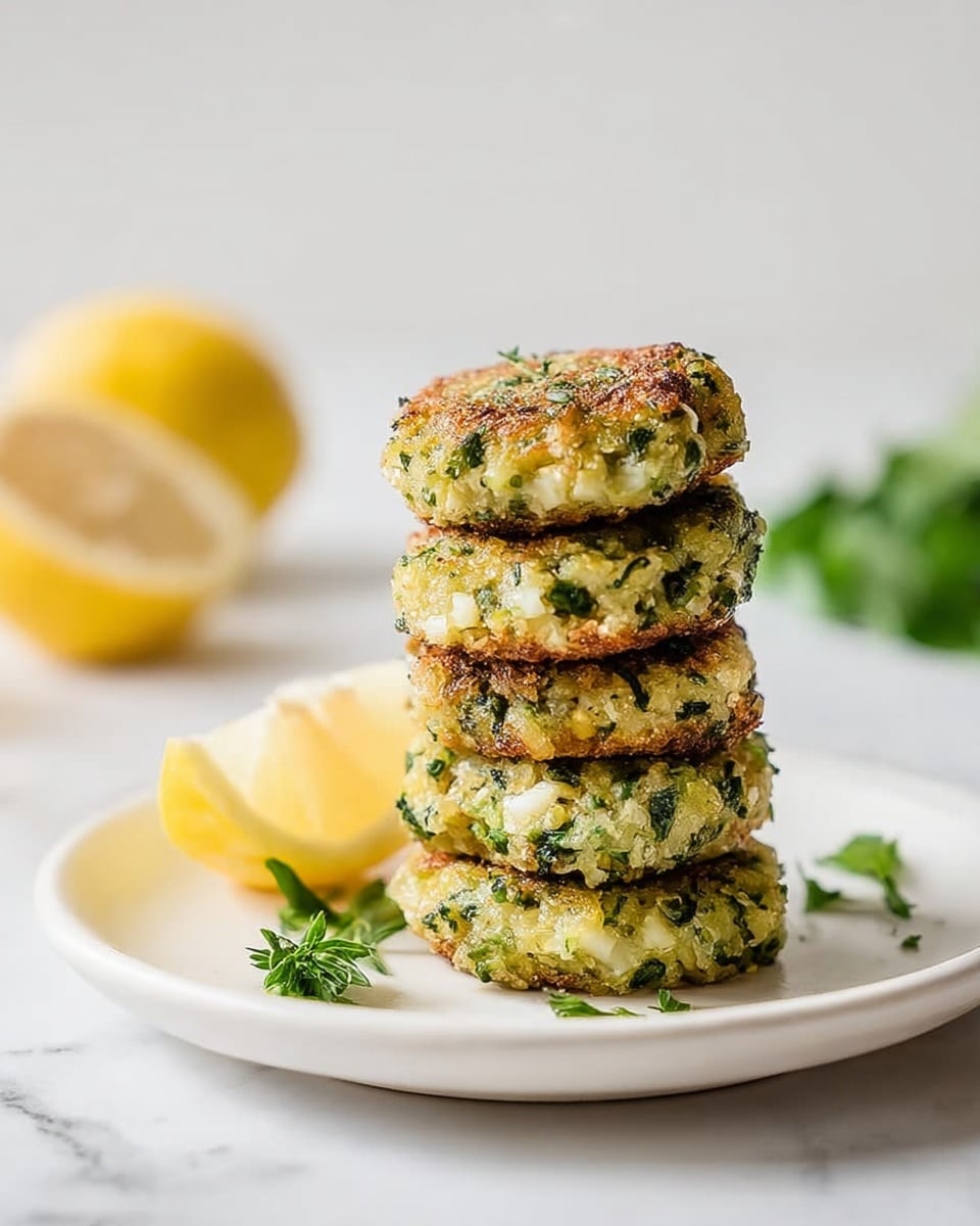 The image shows a stack of five small, round fritters on a white plate with a lemon wedge on the side. The fritters have a textured surface with visible bits of green herbs and a golden-brown outer layer. The stack leans slightly with one fritter resting against the others. In the blurred background, there are two whole lemons, one cut in half, and some green leafy herbs. The plate is placed on a white marbled surface. photo taken with an iphone --ar 4:5 --v 7