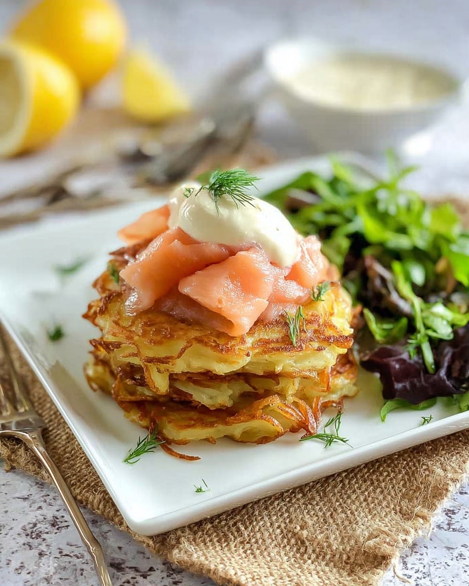 The dish shows a stack of three golden brown crispy potato pancakes placed in the center of a white square plate. On top, there are light pink folds of smoked salmon, with a dollop of creamy white sauce and a few small green dill sprigs. To the side of the plate, there is a small pile of fresh, leafy green salad. In the background, there are blurred lemon wedges and a small white bowl of sauce. The whole setup is on a white marbled textured surface with a burlap cloth under the plate, and a knife and fork nearby. Photo taken with an iphone --ar 4:5 --v 7