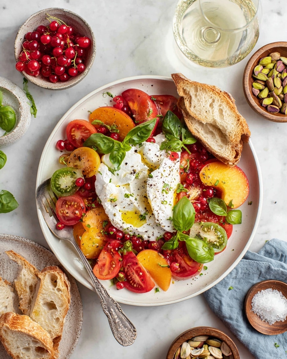 A white round plate sits on a white marbled surface, filled with a colorful salad arranged in a circular pattern. The base layer has sliced red, yellow, and green tomatoes with a mix of cherry tomatoes and a few slices of peach, showing smooth, glossy textures. In the center, there is a mound of white creamy cheese with a soft and slightly shaggy texture, lightly drizzled with oil and sprinkled with black pepper. Fresh green basil leaves are scattered both on the salad and cheese, adding a bright contrast. On the top right side of the plate, slices of toasted white bread with a golden brown crust rest leaning against the salad. Nearby on the surface are red currant berries, a glass of white wine, a bottle of water, and small wooden bowls containing coarse salt and chopped pistachios. A spoon lies on the plate’s left side partially resting on the salad. photo taken with an iphone --ar 4:5 --v 7