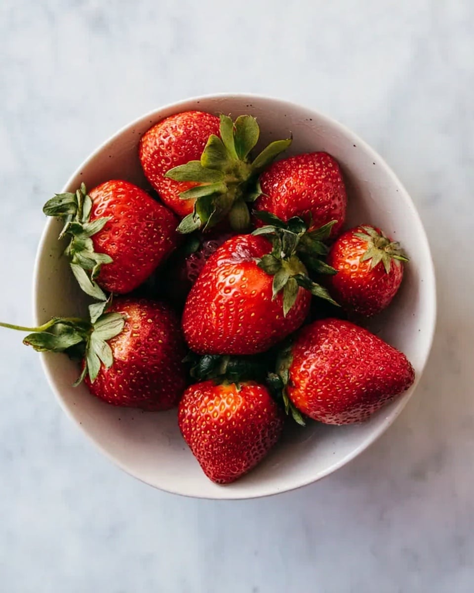 A white bowl filled with whole strawberries, showing their bright red color and green leafy tops. The strawberries sit closely together, with some facing different directions to show their textured skin and seeds. The bowl is placed on a white marbled surface, creating a clean and fresh look. photo taken with an iphone --ar 4:5 --v 7