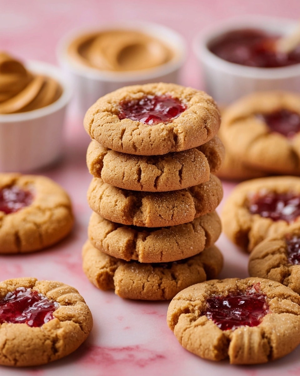 A group of round peanut butter cookies with cracked golden-brown surfaces, each topped with a shiny, red jam center. The cookies are spread out over a white marbled texture surface, showing their soft and crumbly texture. There are two small white bowls placed among the cookies; one filled with smooth peanut butter with swirled texture on top, the other filled with chunky red jam. The scene is bright and clear, highlighting the colors and textures of the cookies and their toppings. photo taken with an iphone --ar 4:5 --v 7