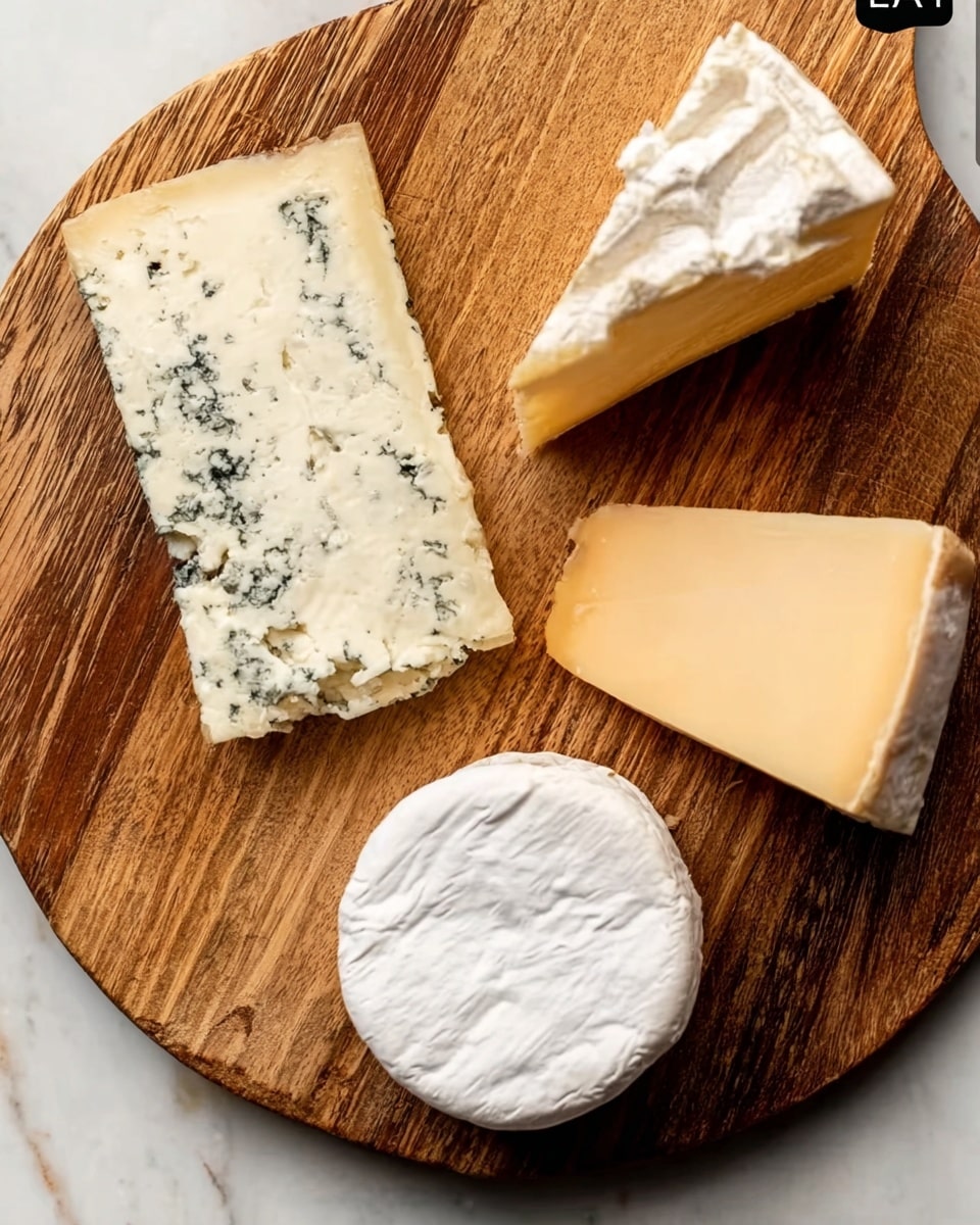 The image shows four different kinds of cheese placed on a round wooden board with visible wood grain patterns. In the bottom left corner is a rectangle piece of white cheese with dark green mold, having a rough texture and slightly scalloped edges. To the top right is a wedge of soft, pale yellow cheese with a wrinkled rind and smooth sides. Below that, near the bottom right, is a wedge of hard, pale orange cheese with a smooth surface and slightly grainy texture. On the right center, there is a round, white cheese with a soft and smooth look. The wooden board is set on a white marbled surface. photo taken with an iphone --ar 4:5 --v 7