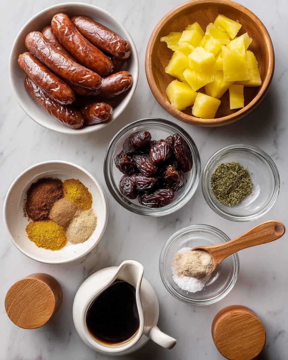 The image shows eight white bowls and dishes with different ingredients arranged on a white marbled surface. The biggest white bowl on the top left is filled with shiny, brown sausages, stacked neatly. Below it, a smaller white bowl contains bright yellow pineapple chunks. To the right of the sausages is a wooden bowl with yellow and brown powdered spices. Next to it, a clear glass bowl holds dark, shiny prunes. At the center is a small white pitcher with mixed brown spices. Below that pitcher is a white bowl filled with a dark liquid, likely soy sauce. To the right, a wooden spoon holds a clear glass dish with white salt, green herbs, and beige powder. Two small round wooden containers with clear tops are placed between the bowls. The colors and textures are distinct, and everything is well organized. Photo taken with an iphone --ar 4:5 --v 7