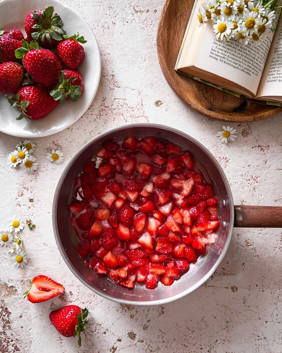 The image shows a close-up of a silver pan filled with finely chopped red strawberries, their shiny, juicy texture catching light evenly across the pan. To the upper left, a white plate holds several whole fresh strawberries with bright green leaves, and small white chamomile flowers with yellow centers are scattered around the scene. In the upper right corner, an open book with visible text rests on a white marbled surface, with a round wooden bowl on top holding a small bunch of chamomile flowers. One half-cut strawberry lies near the book, adding to the fresh feel of the setup. The whole setting is on a rustic white marbled table. photo taken with an iphone --ar 4:5 --v 7